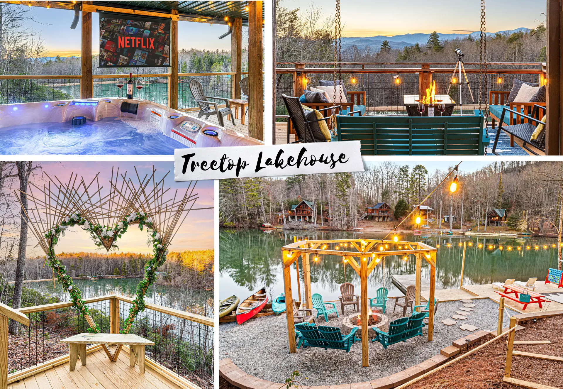Treetop Lakehouse: Hot tub, fireplace, lake, and mountain views.