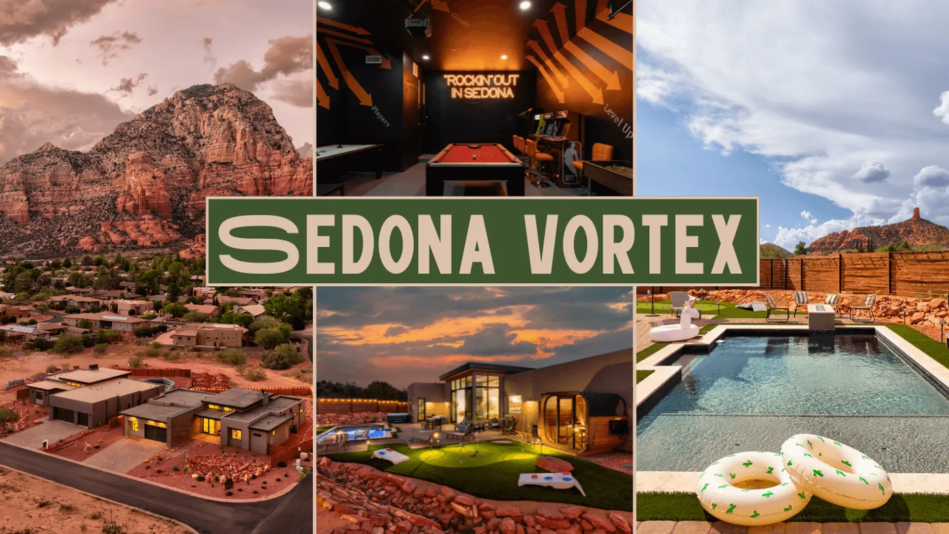 Collage of Sedona, Arizona featuring red rock formations, luxury homes, pool, and entertainment room