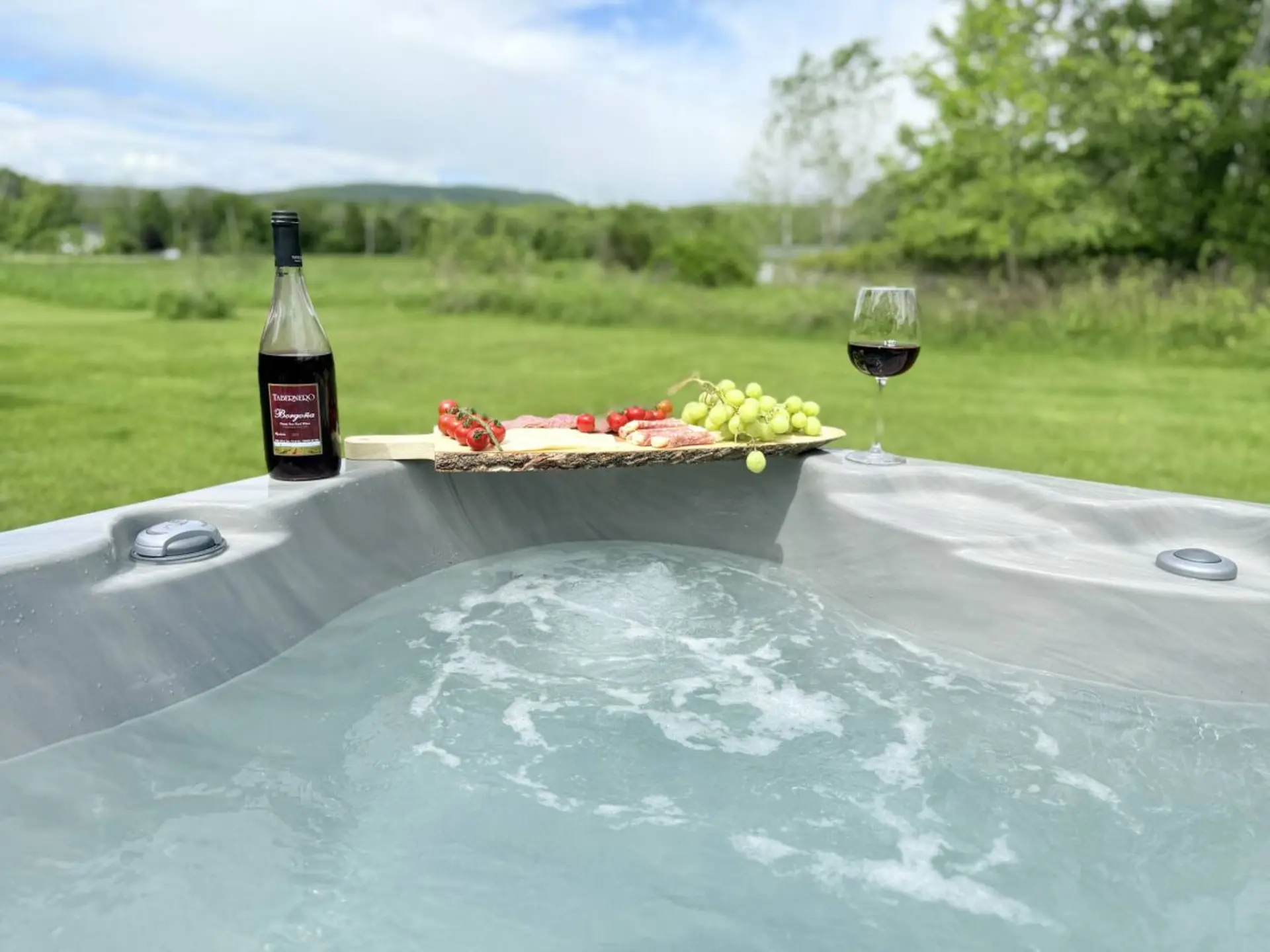A bottle of wine and a charcuterie board next to a hot tub.