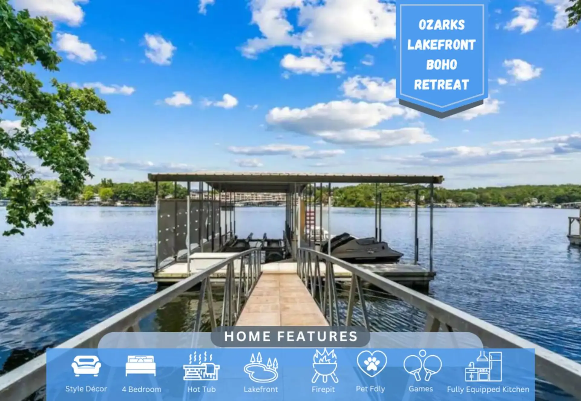 Ozarks lakefront boho retreat with a dock and jet skis. Home features include style decor, 4 bedroom