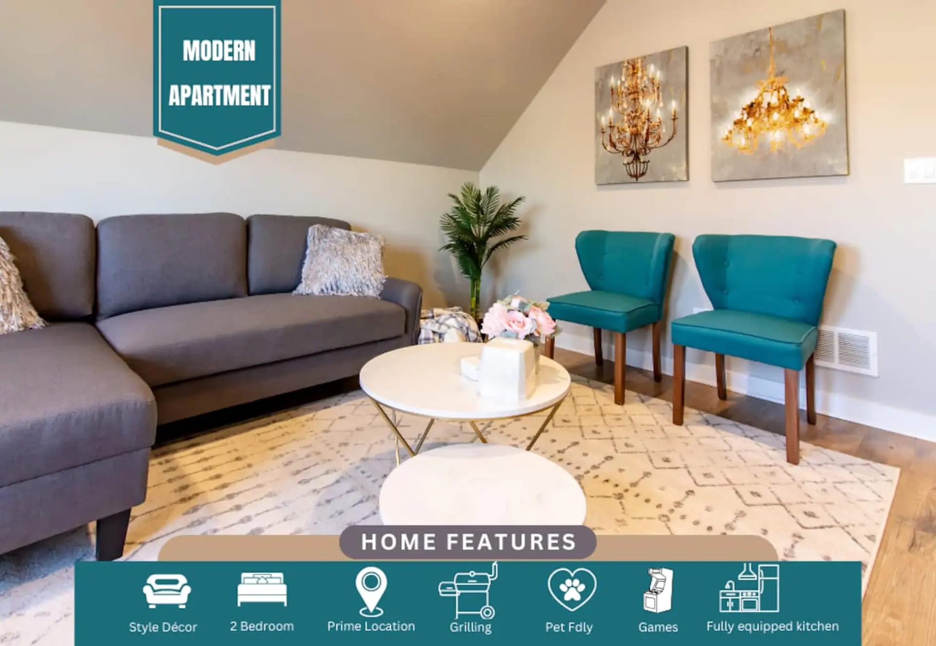 Modern apartment living room with grey sectional sofa, teal chairs, coffee table, and art.