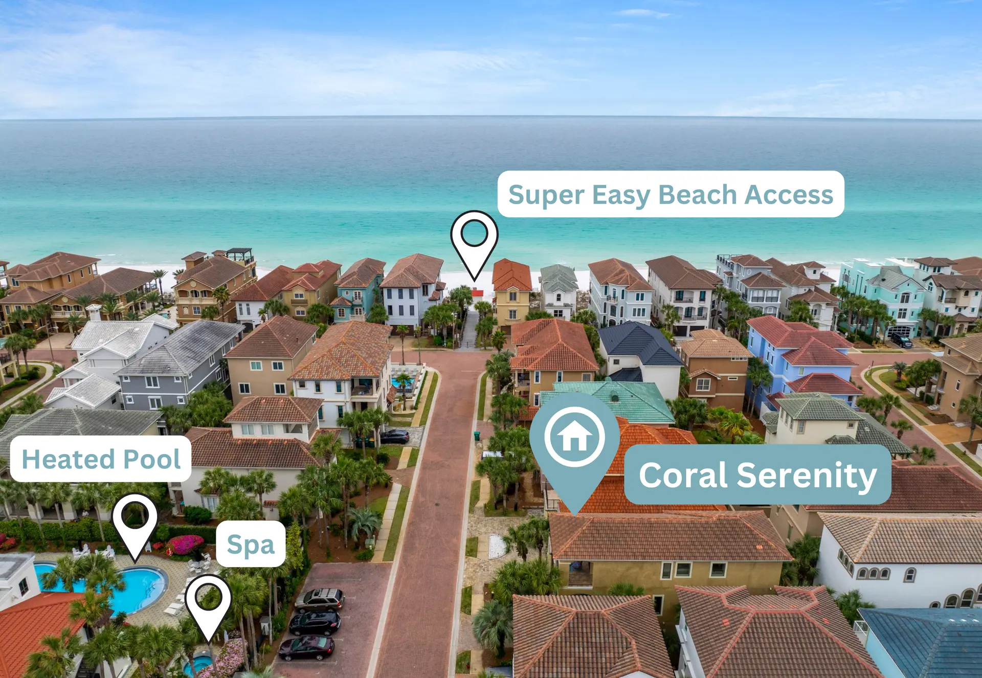 Aerial view of luxury beach houses with a heated pool and beach access.