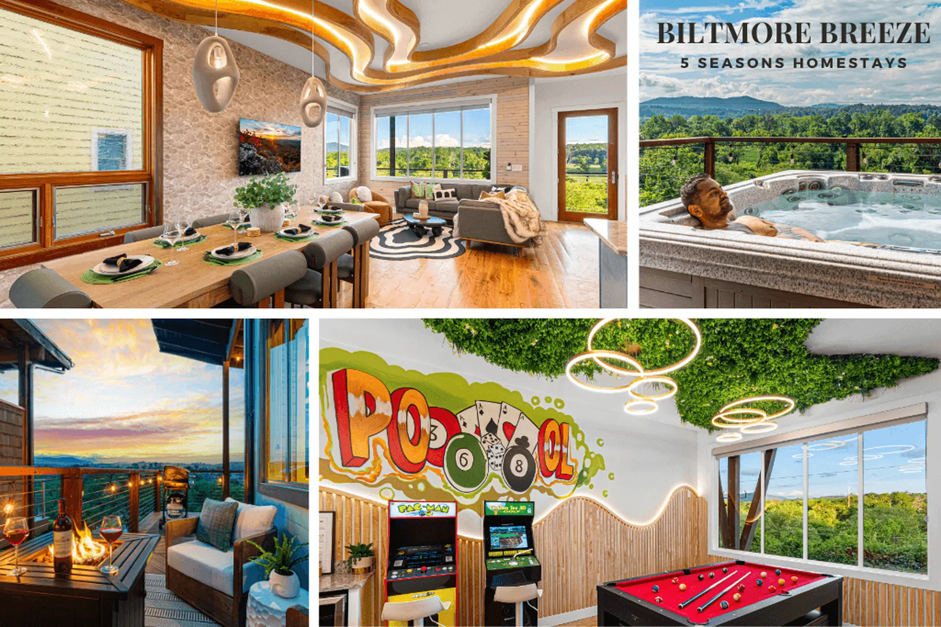 A luxurious getaway with a dining area, living room, hot tub, patio, and game room.