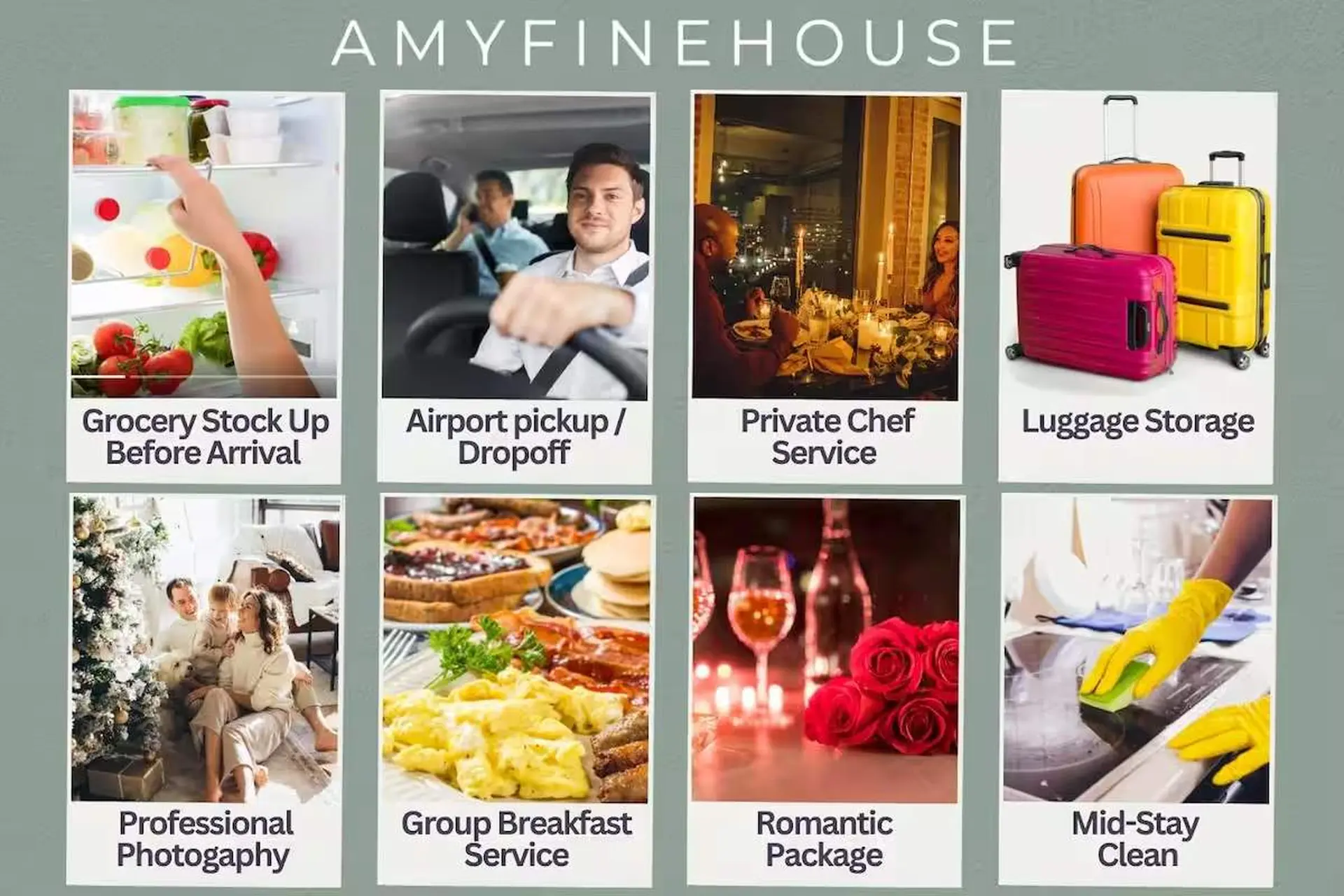 AMYFINEHOUSE services: grocery stock up, airport pickup/dropoff, private chef, luggage storage, phot
