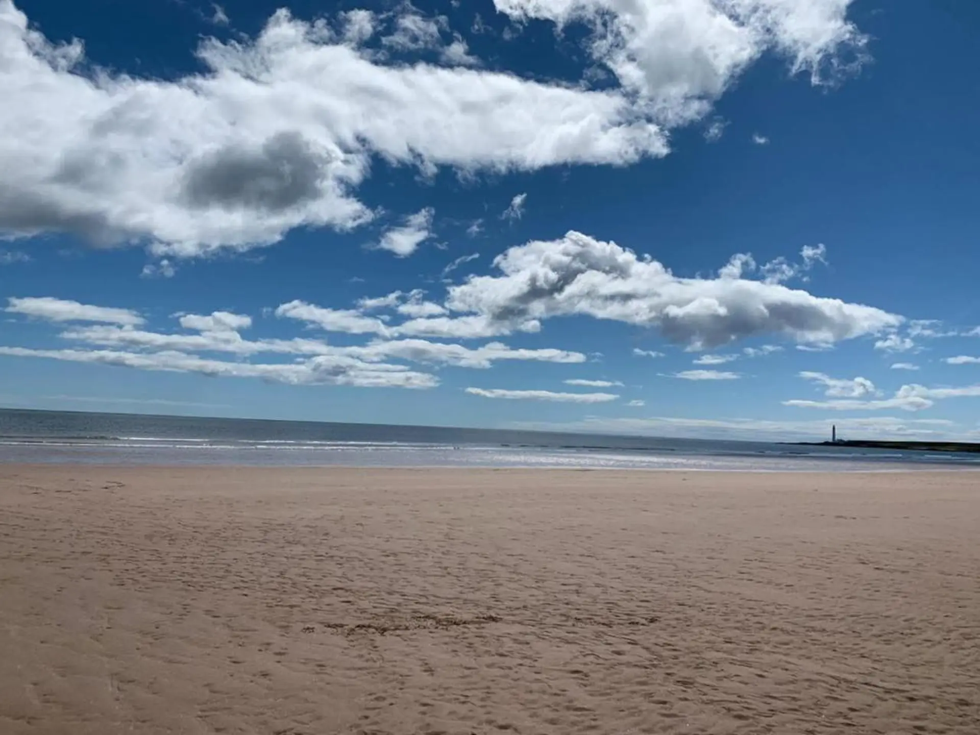 A serene beach scene with sandy shore, calm ocean, and a bright blue sky with scattered clouds.