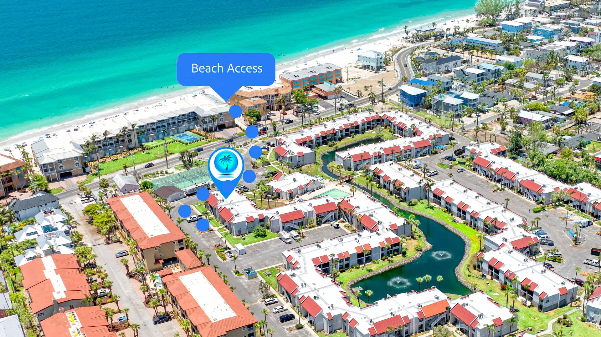 A bright blue speech bubble points to a sandy beach with turquoise water.