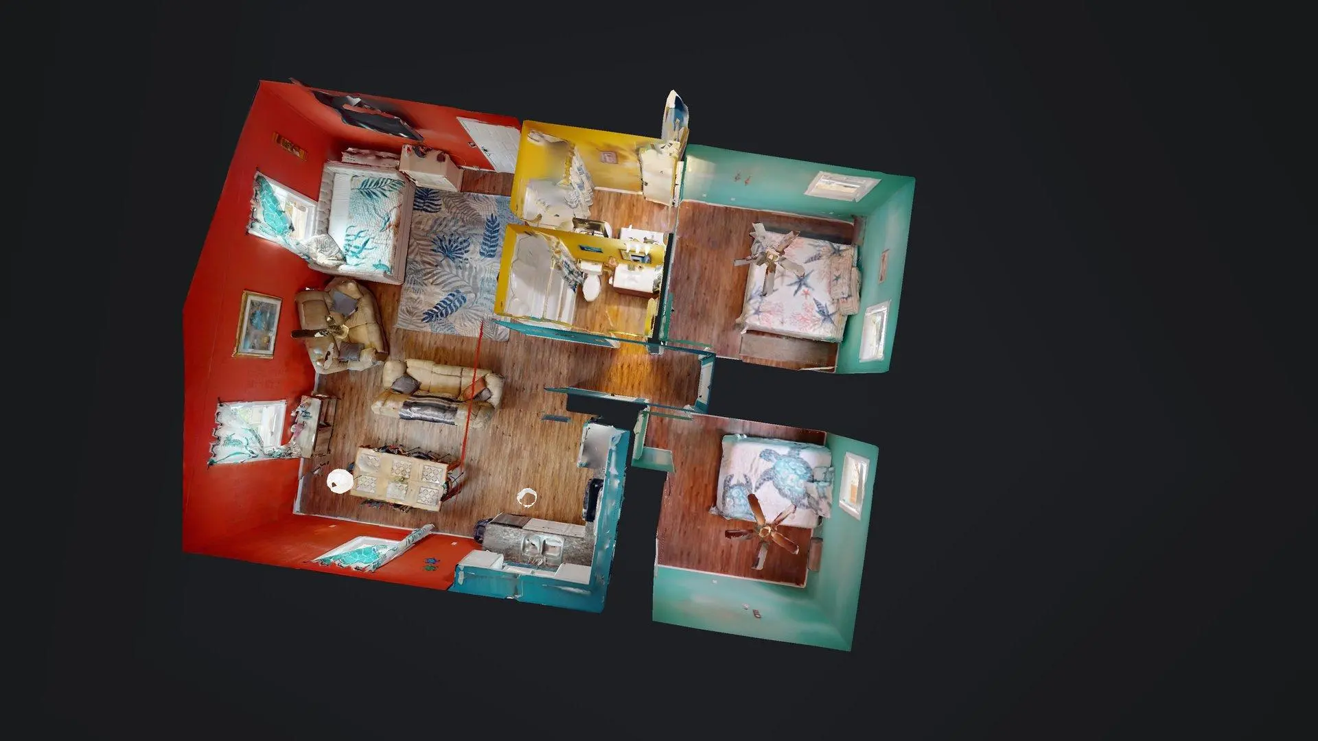 This is a 3D rendering of a house with a red living room and blue kitchen.