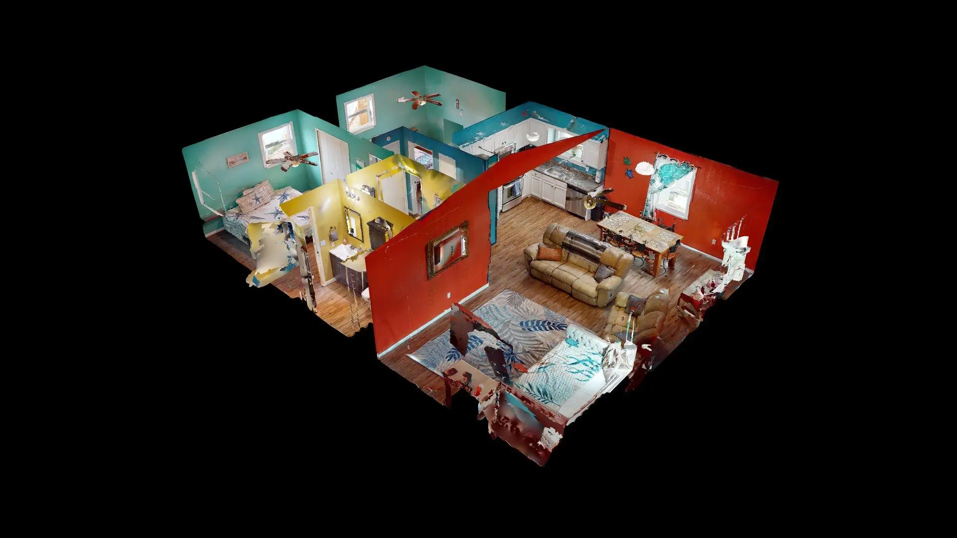 A 3D rendering of a colorful house interior with a living room, dining area, and kitchen.