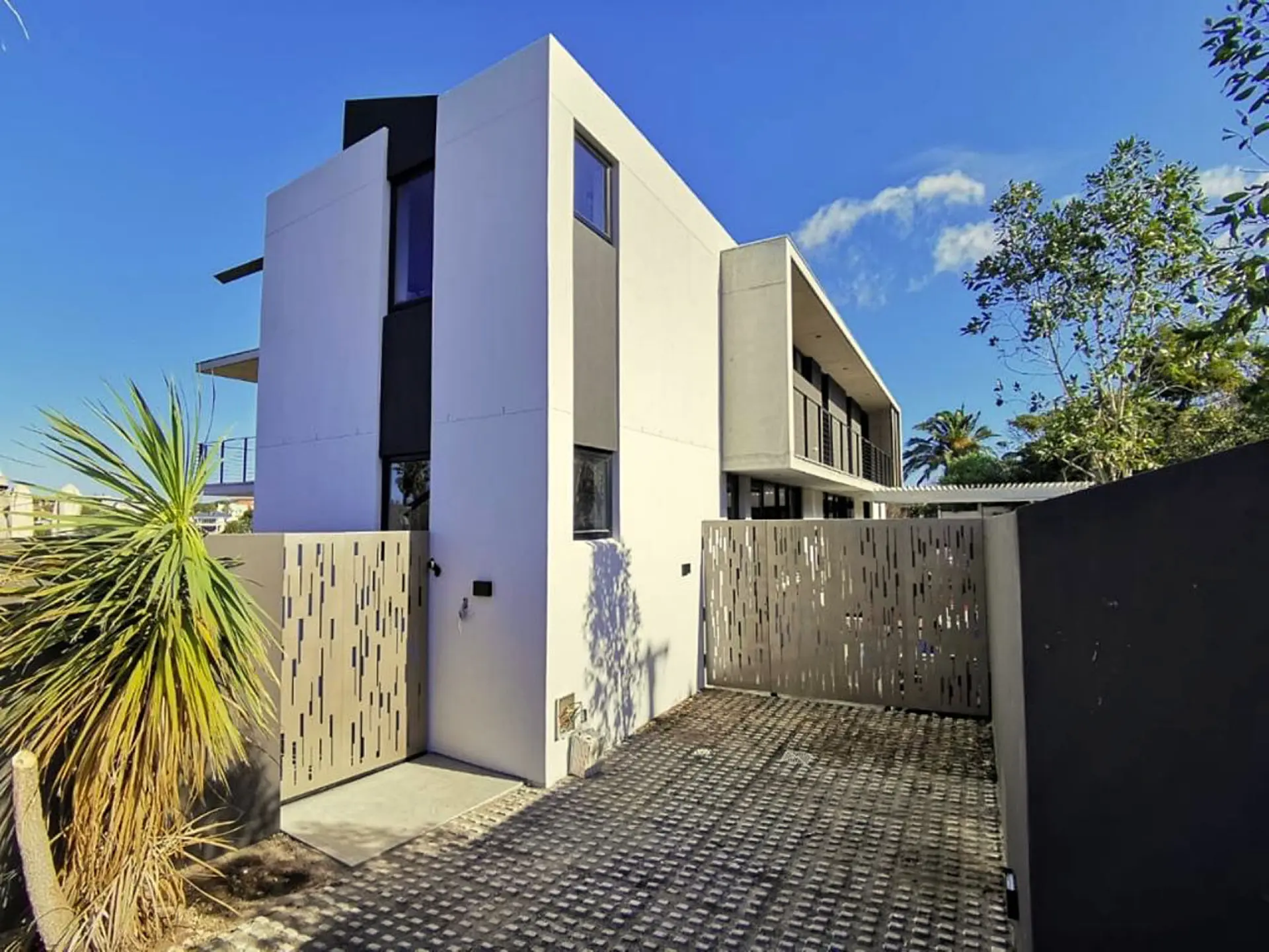 Modern white house with black accents, a metal gate, and a palm tree.