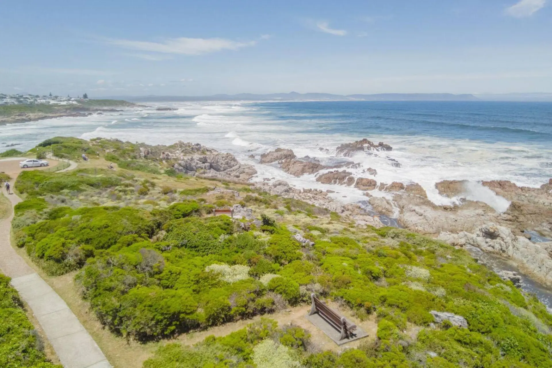 A scenic view of a rocky coastline with crashing waves and lush green vegetation.