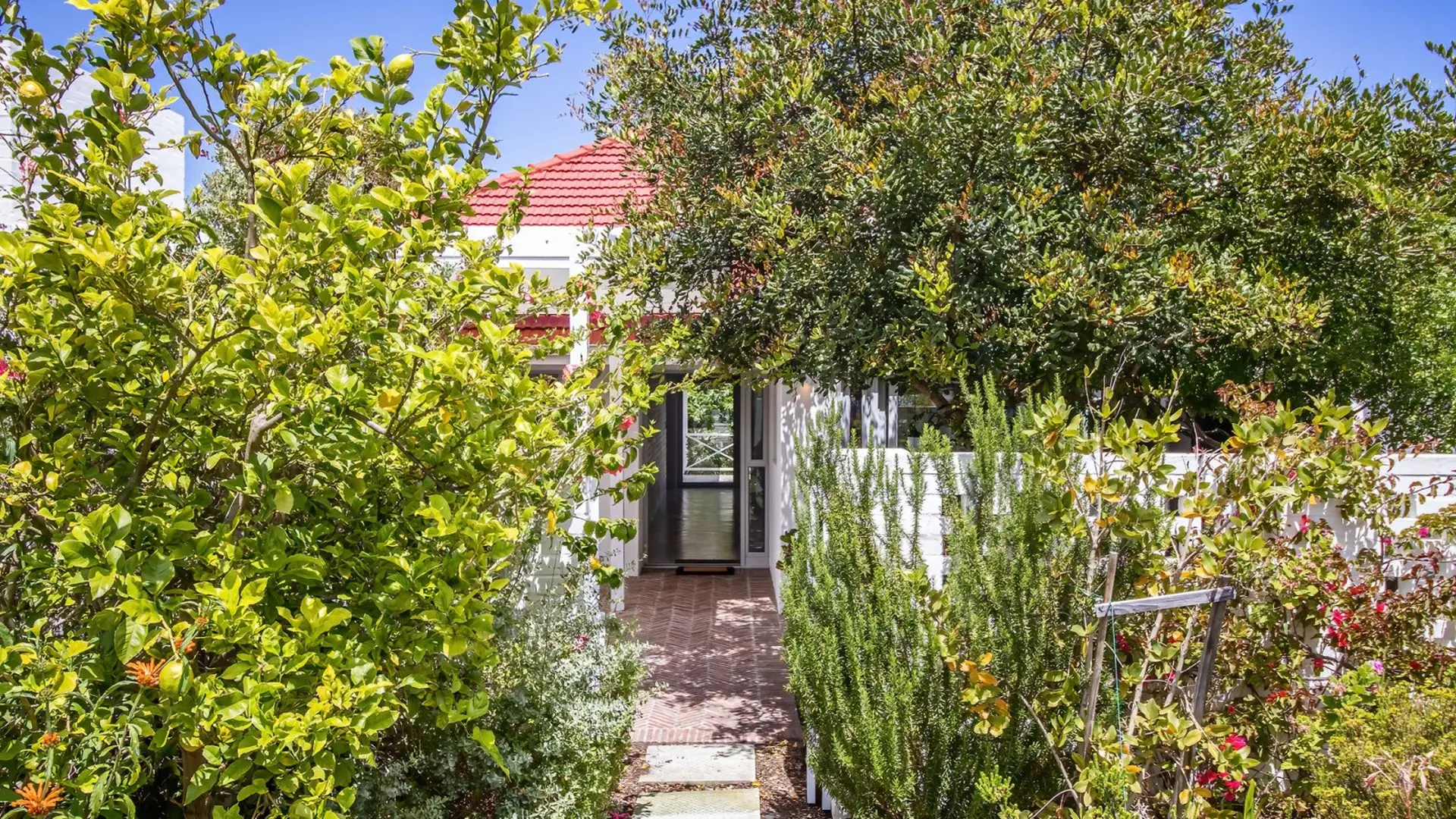 Path to front door of a house lined with lush greenery and flowers.