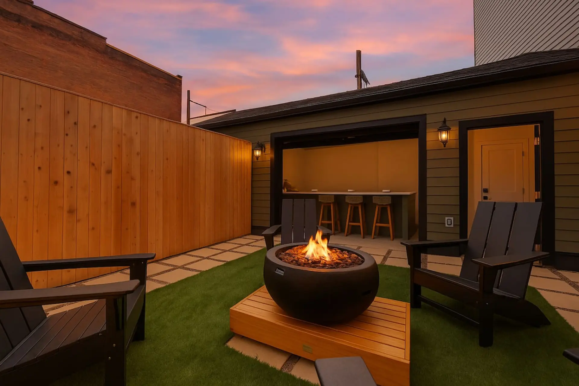 An outdoor patio with a fire pit, seating, and a bar area at dusk.
