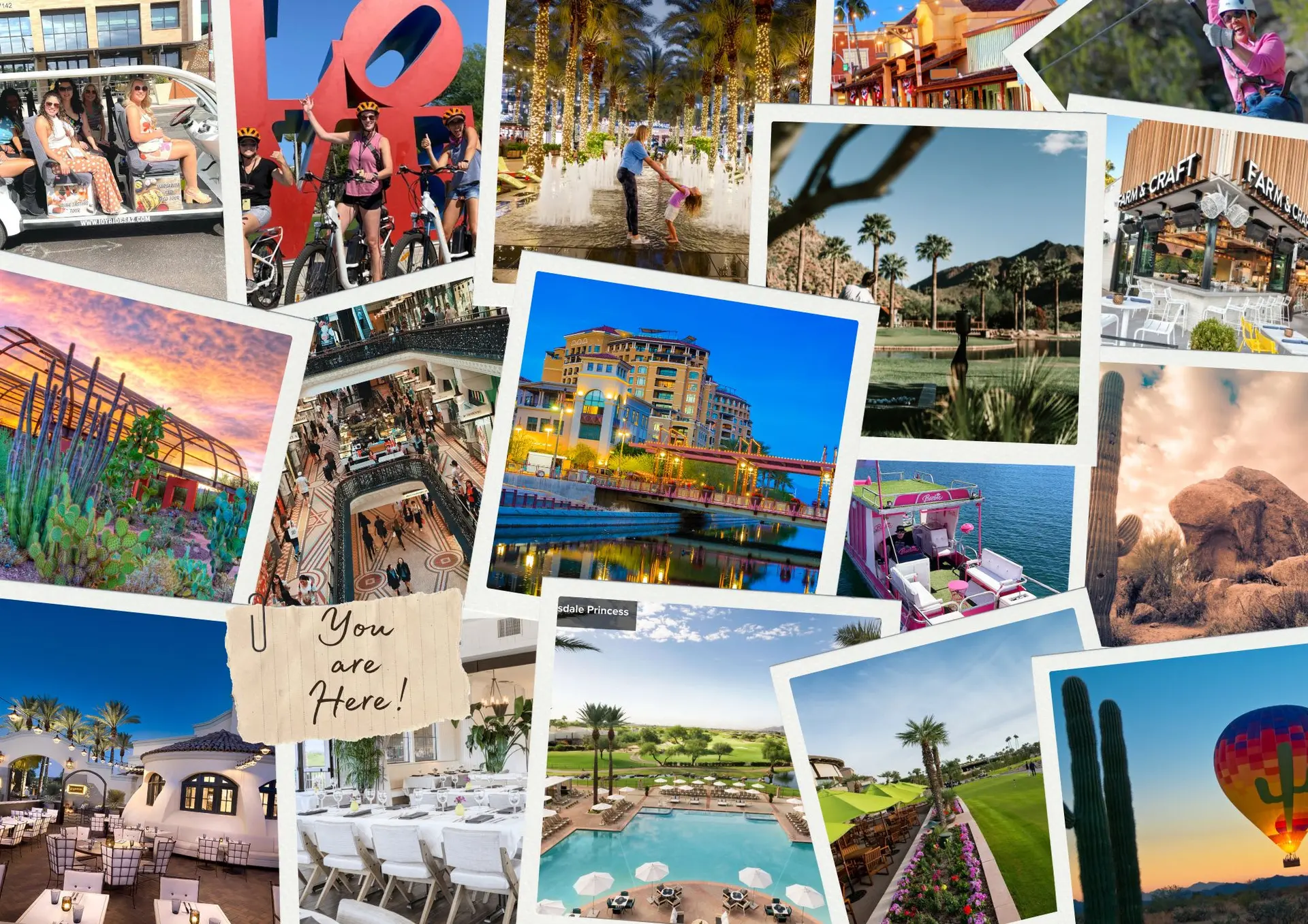Collage of Arizona vacation photos: golf, resort, desert, and dining.