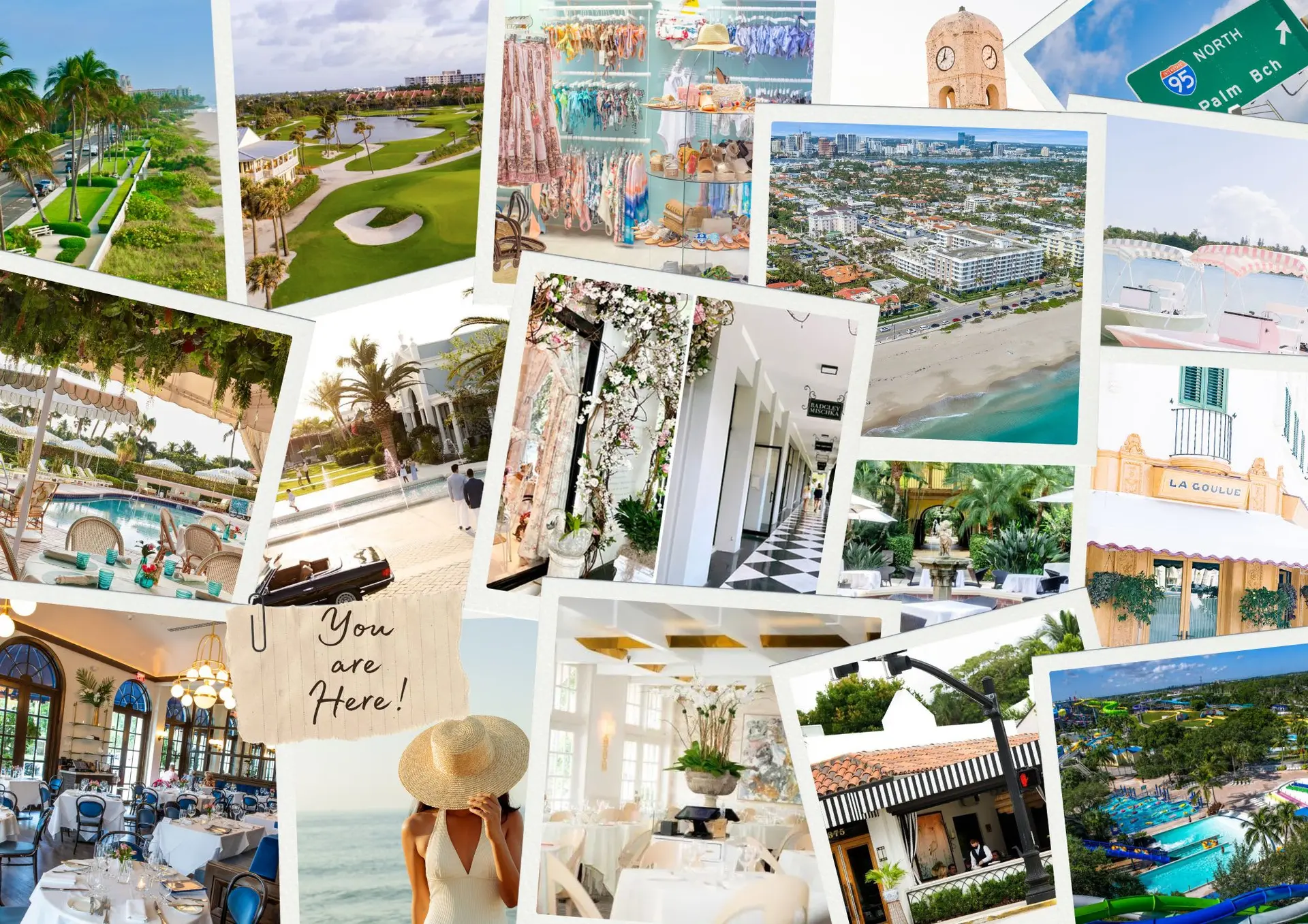 Collage of sunny Florida destinations, including beaches, golf courses, shops, and restaurants.