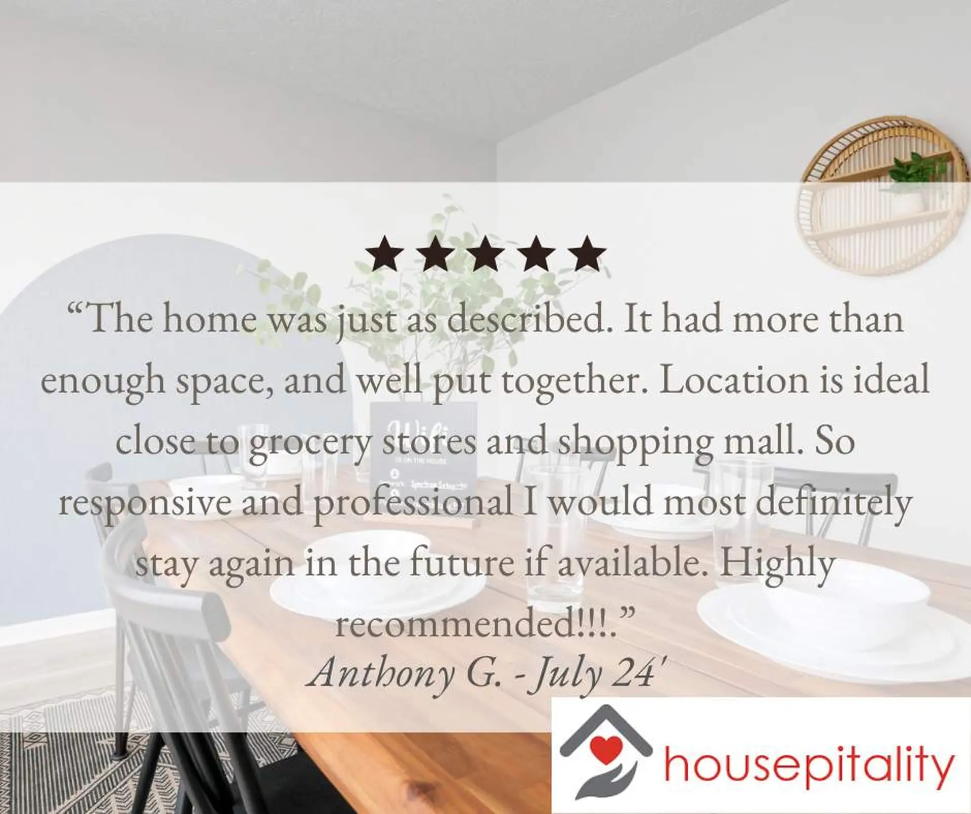 A quote from a review about a home, with stars and a logo.