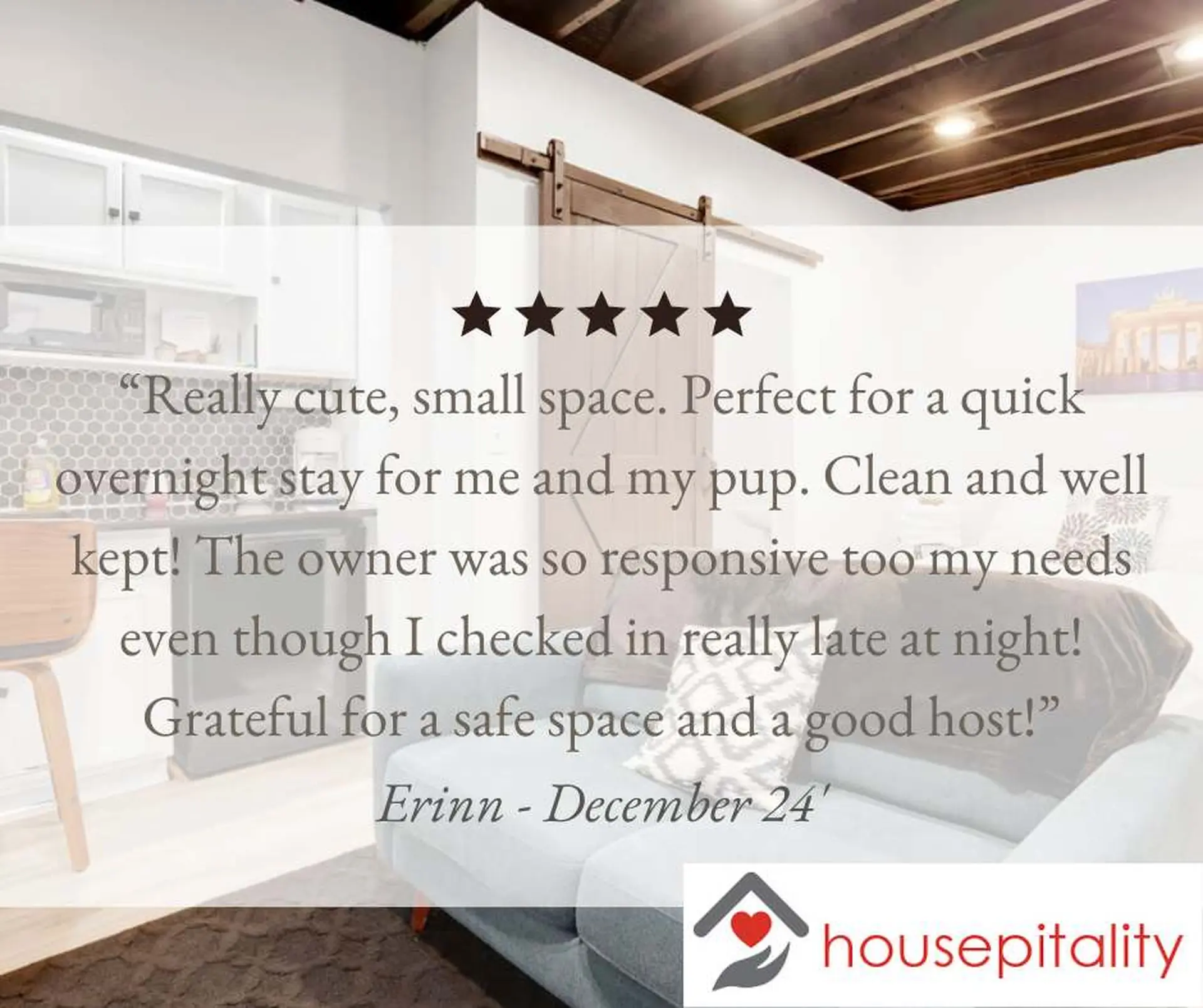 A review for a place called "hospitality" with a picture of a couch and kitchen area.