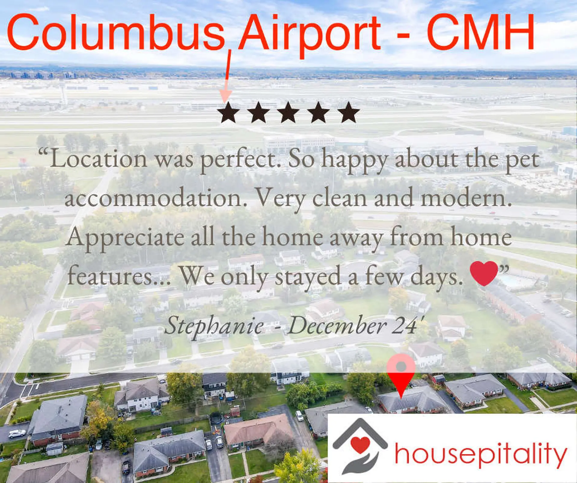 "Columbus Airport - CMH, 5 stars. Pet-friendly, clean, modern accommodation. Home away from home."