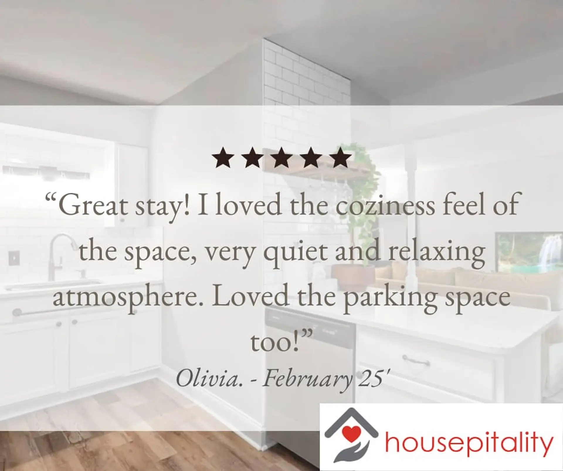 A review praising the "coziness, quiet, and relaxing atmosphere" of a stay.