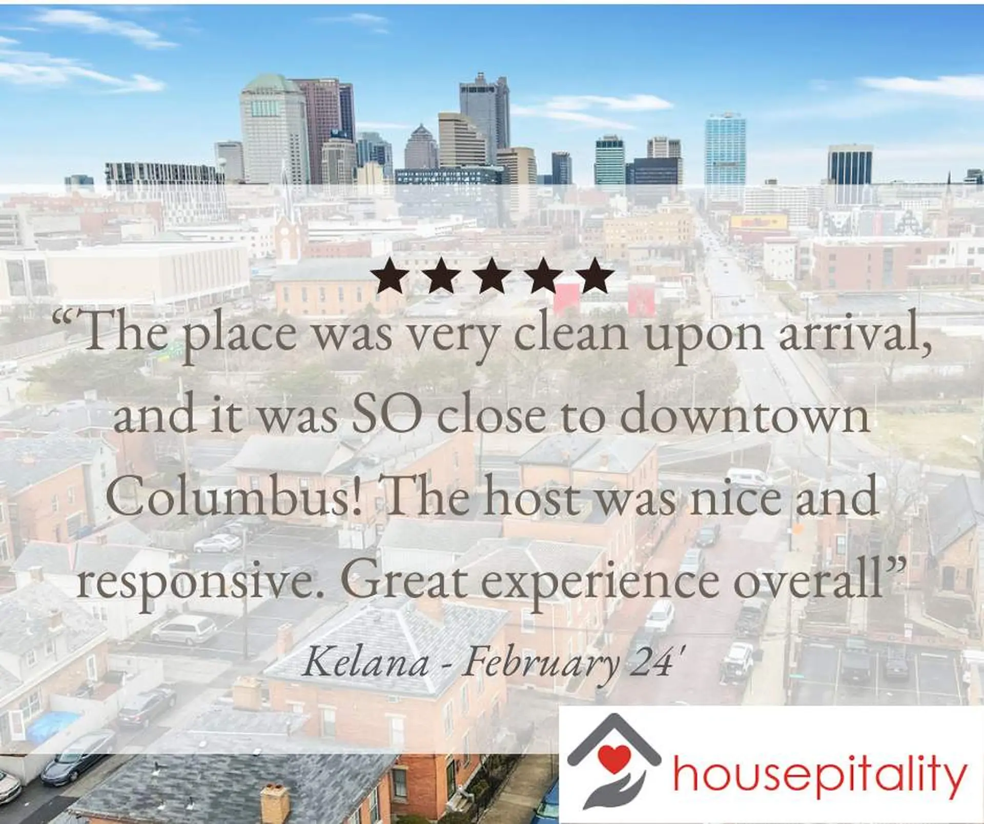A review of "housepitality" highlights a clean stay and proximity to downtown Columbus.