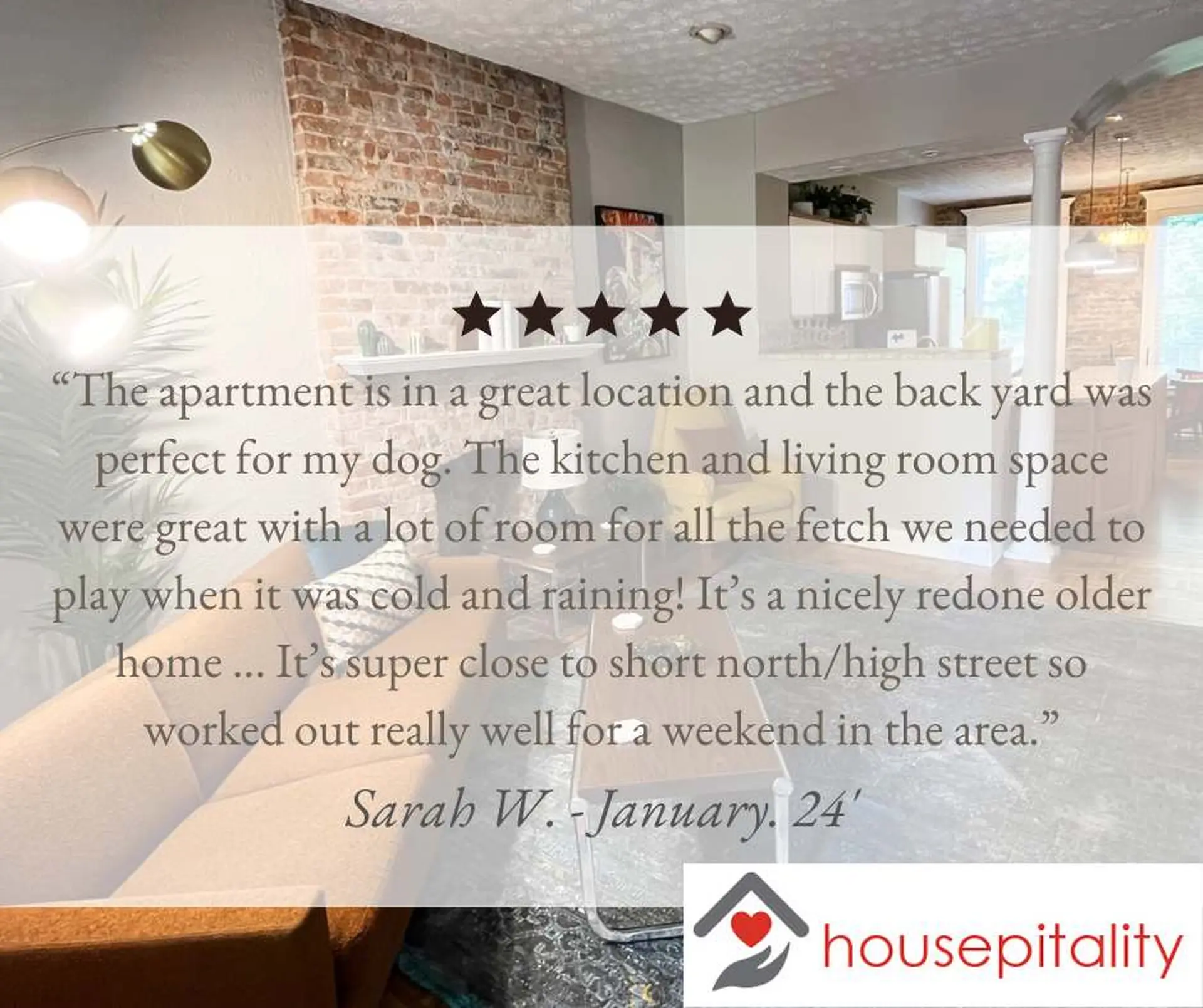 A customer review of a vacation rental, highlighting its great location, backyard, and spacious inte