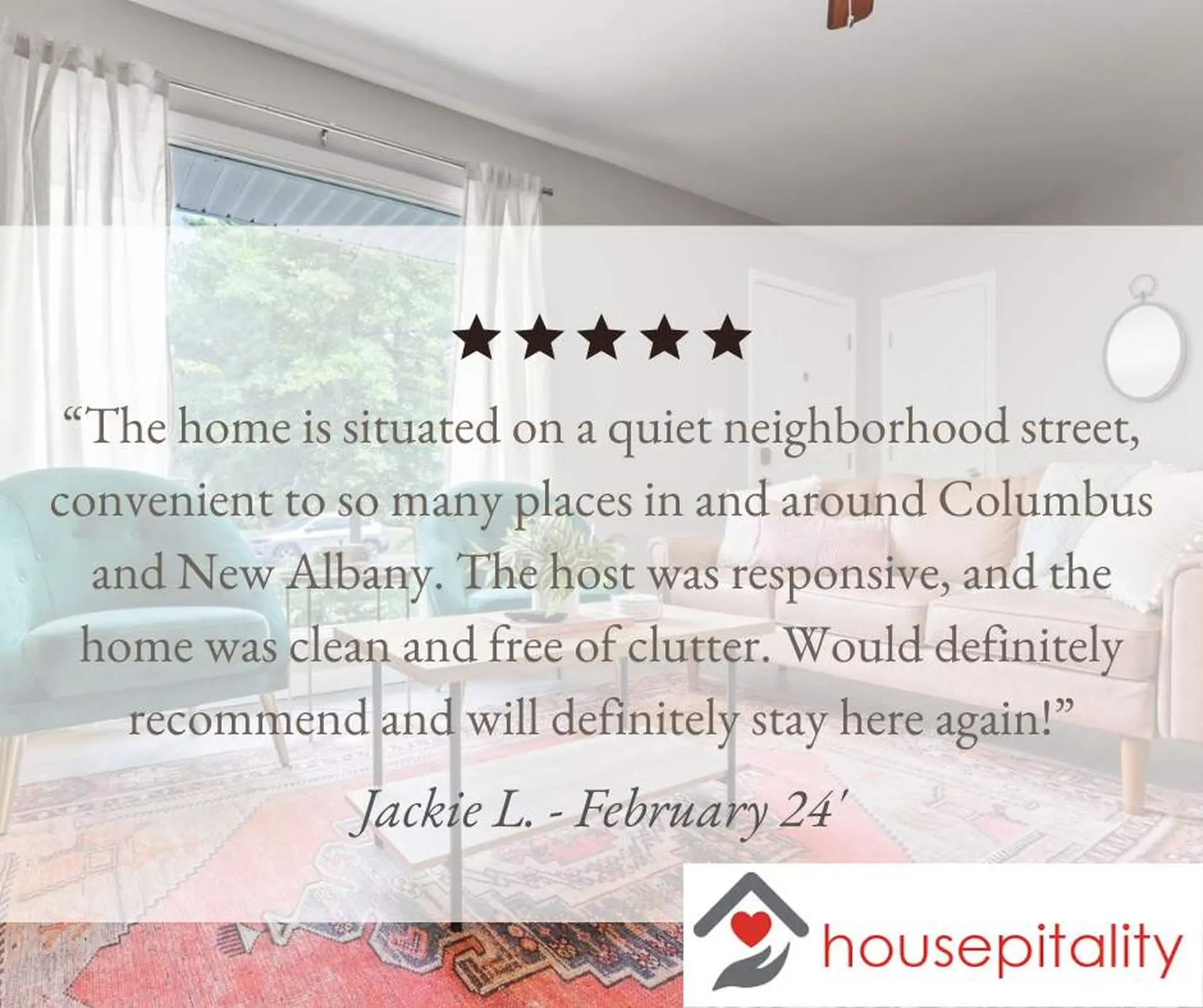 A positive review for a rental property, highlighting its convenient location and cleanliness.