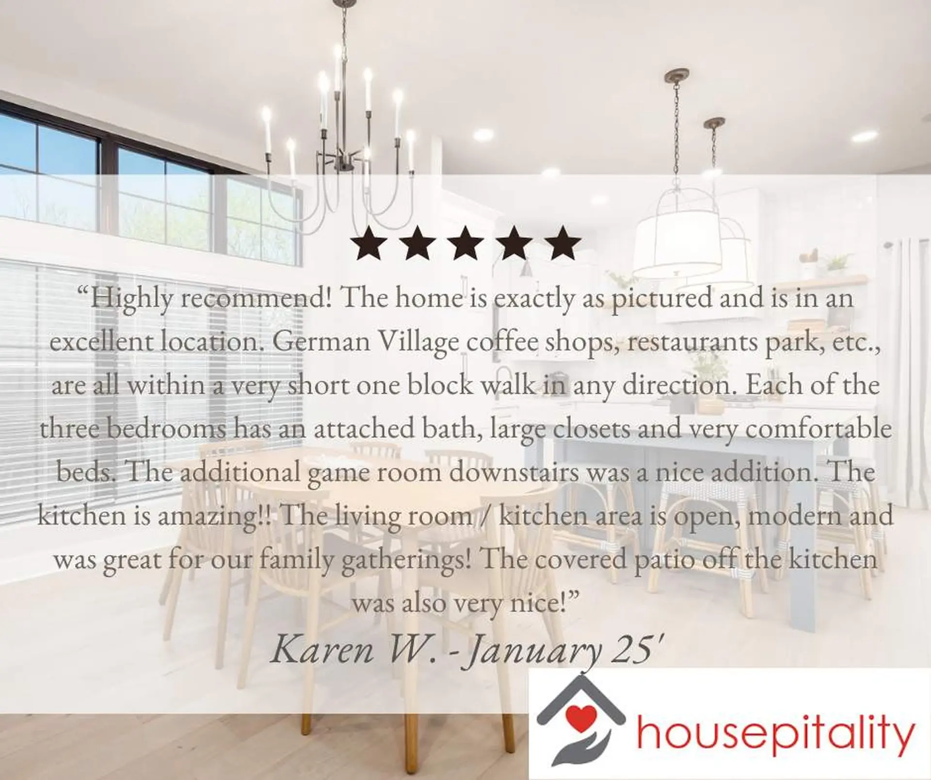 A testimonial with stars and the Housepitality logo.