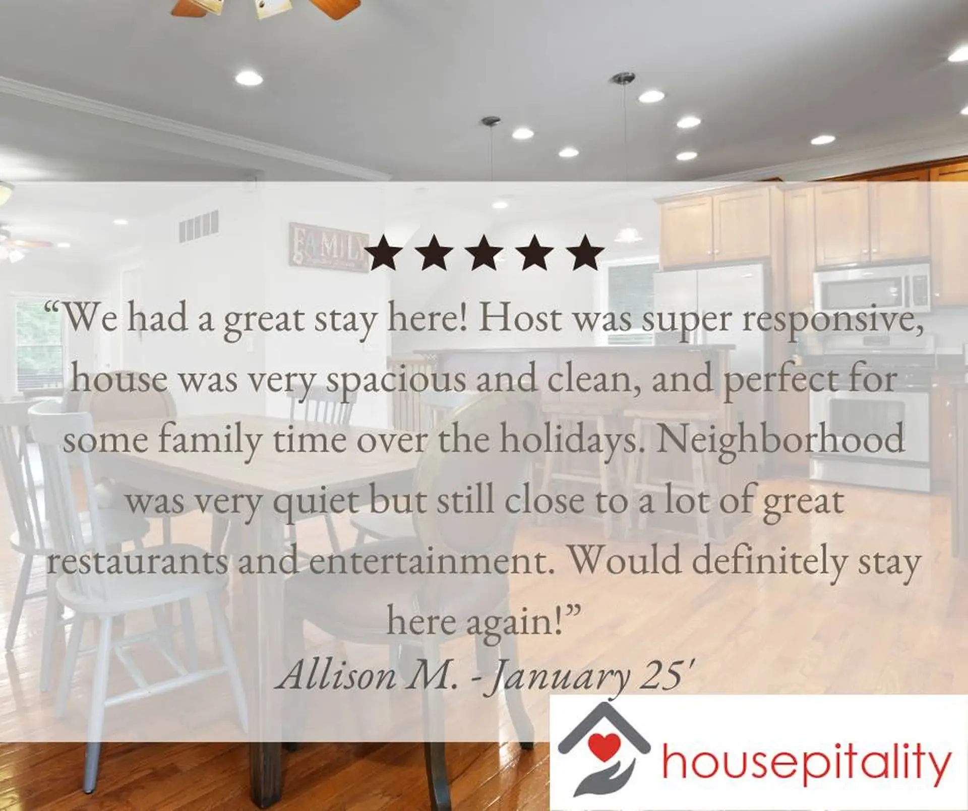 A house interior review with stars and housepitality logo.