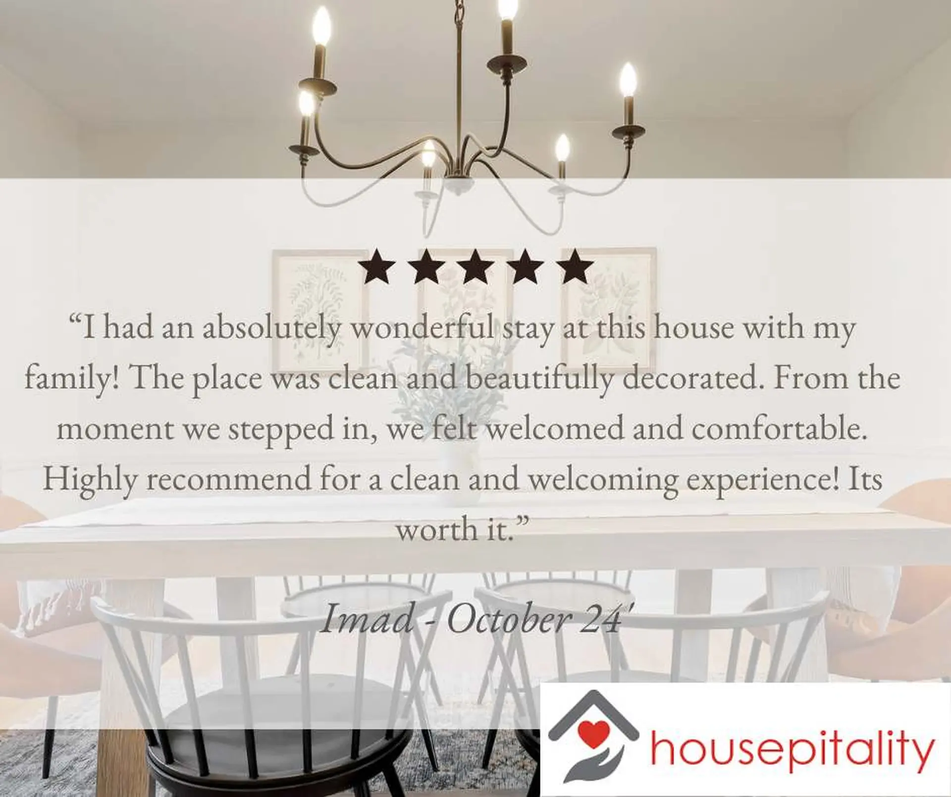 A review with 5 stars, praising a clean and welcoming stay at a beautifully decorated house.
