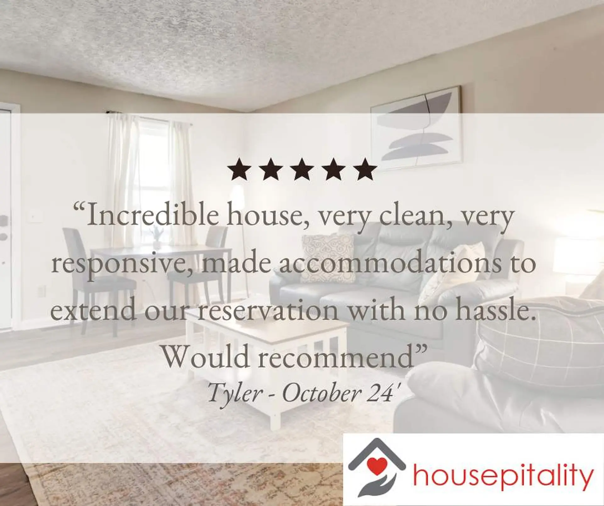 A testimonial for a house, with five stars and a logo that says "hospitality".
