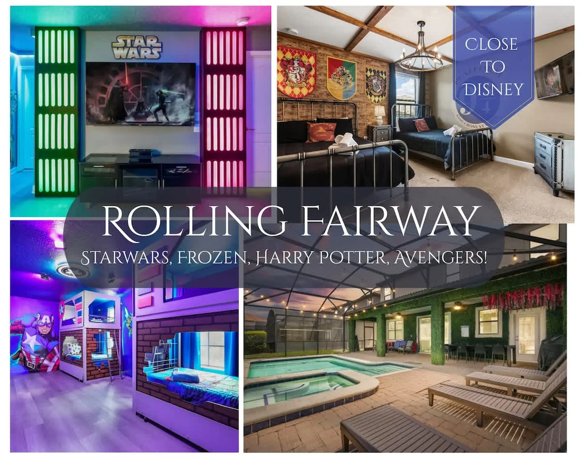 A collage showcasing themed rooms and a pool area at Rolling Fairway, near Disney.