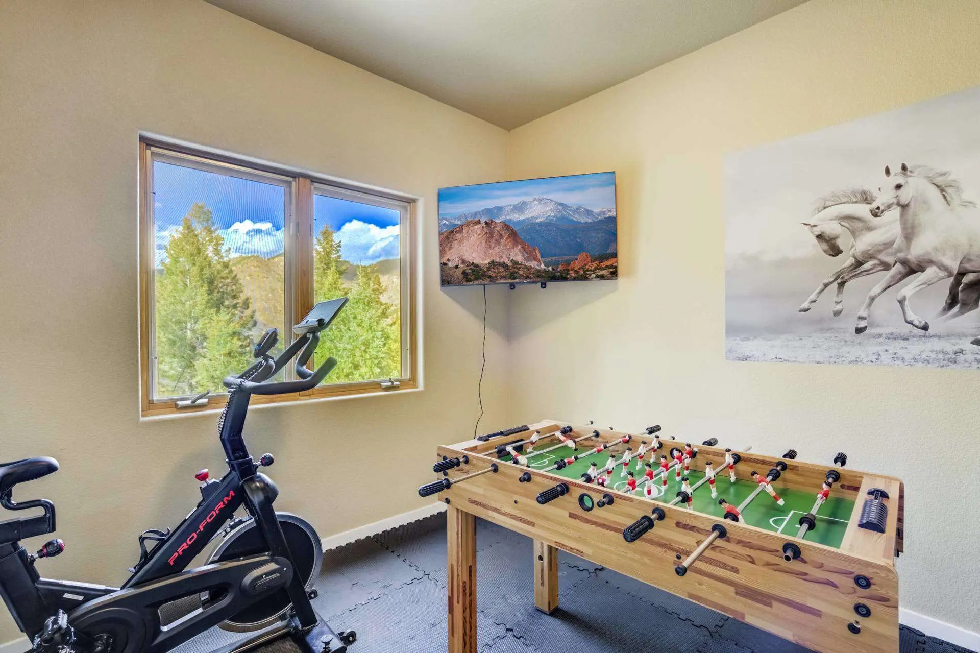An exercise bike and foosball table in a room with a scenic mountain view.