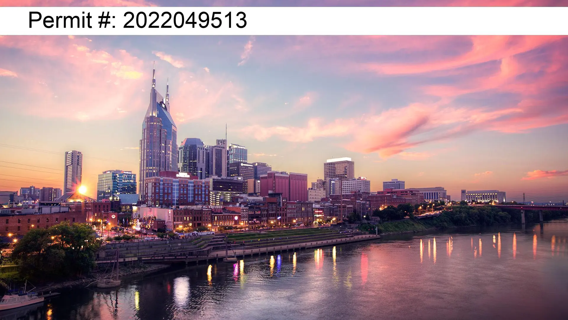 Permit #: 2022049513. Nashville skyline at sunset.