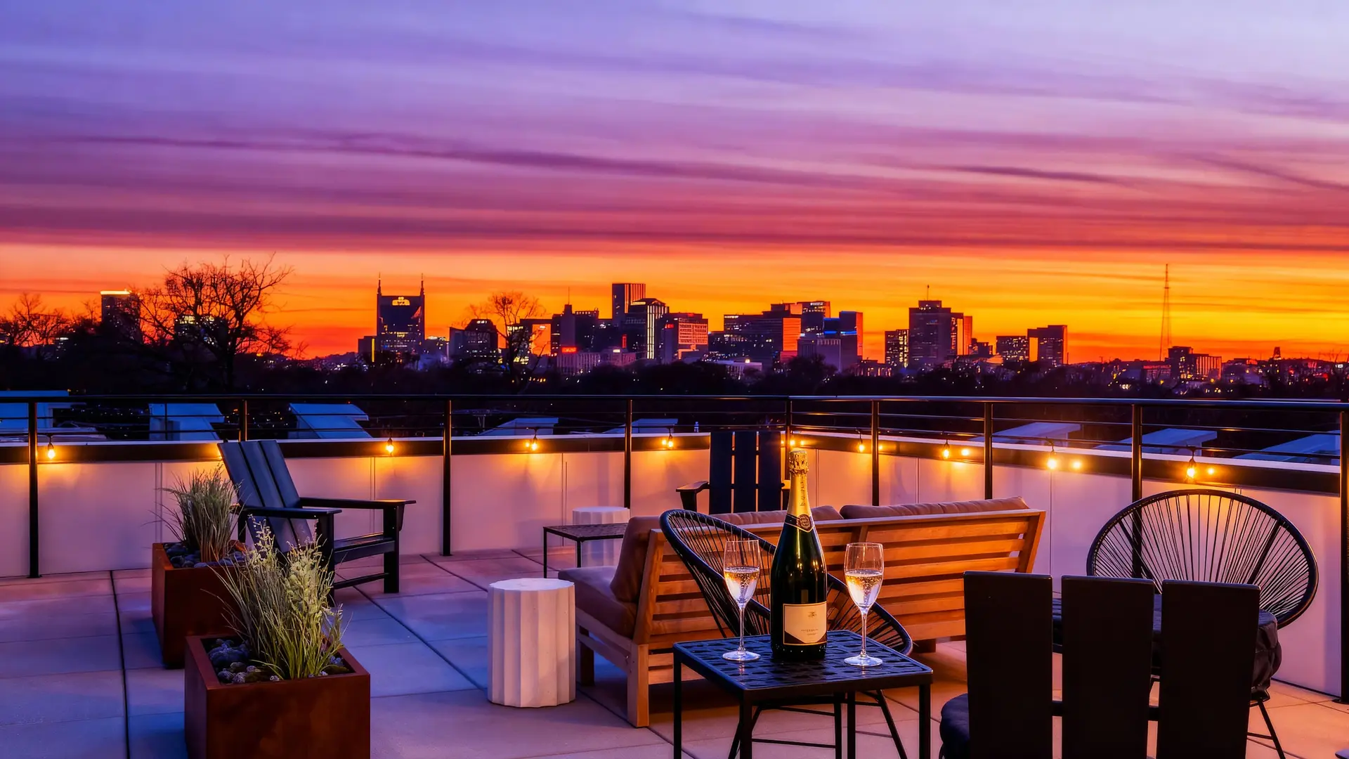 Rooftop bar with champagne and city view at sunset.