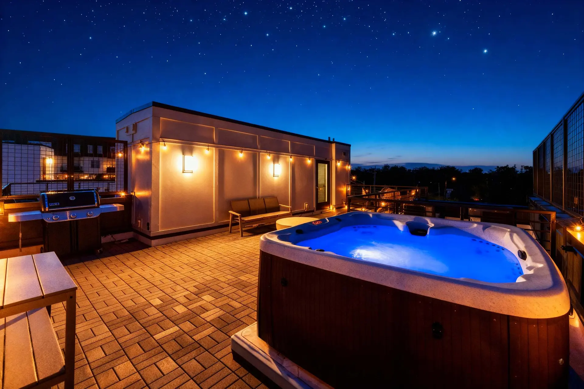 Rooftop patio with hot tub, grill, and seating under a starry night sky.