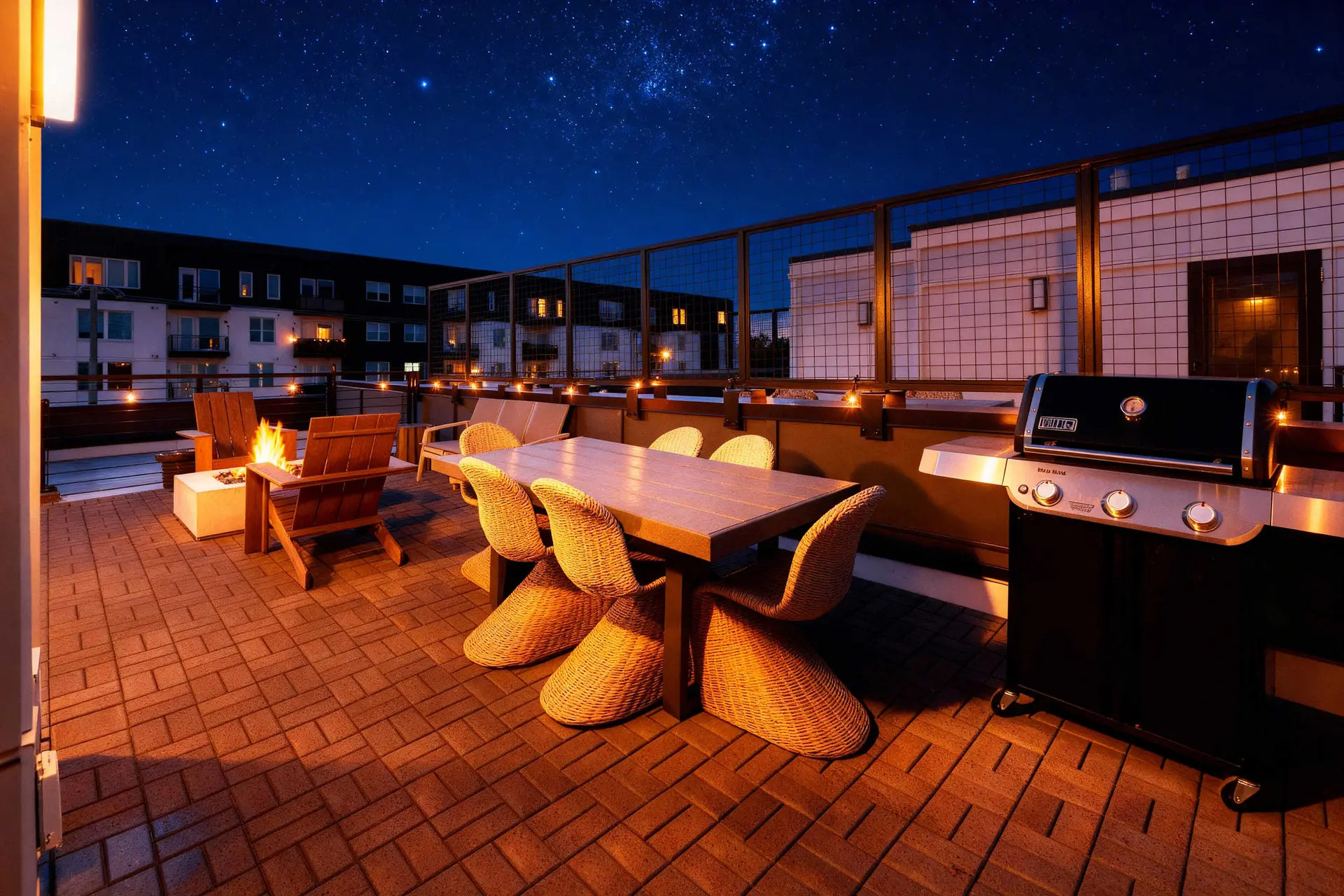 A rooftop patio at night features a grill, dining table, chairs, and a fire pit under a starry sky.