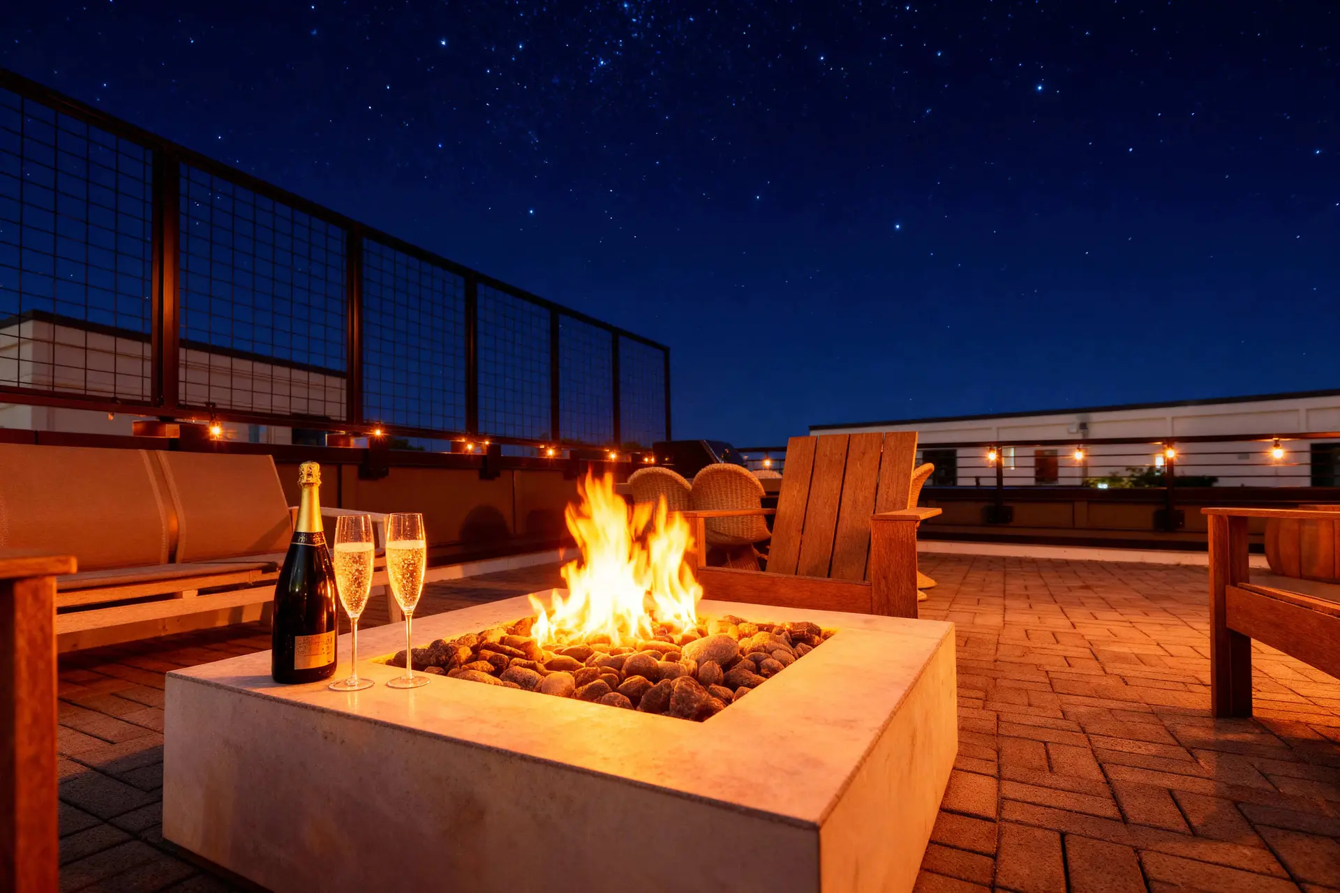 Rooftop patio at night with a fire pit, champagne, and starry sky.
