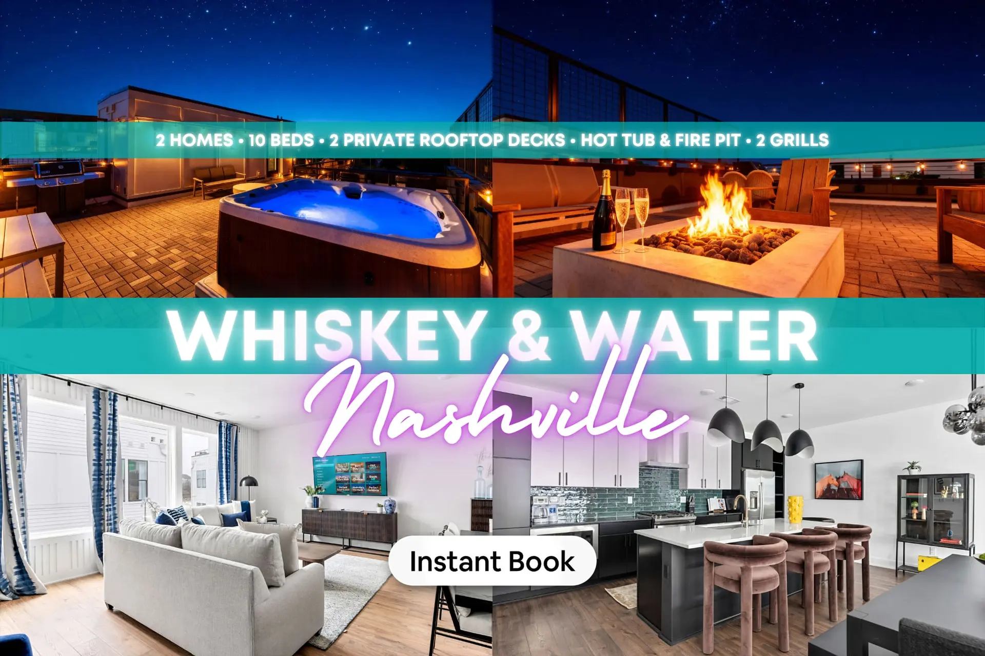 Whiskey & Water Nashville: Luxurious rentals with rooftop decks, hot tubs, fire pits, grills, and mo