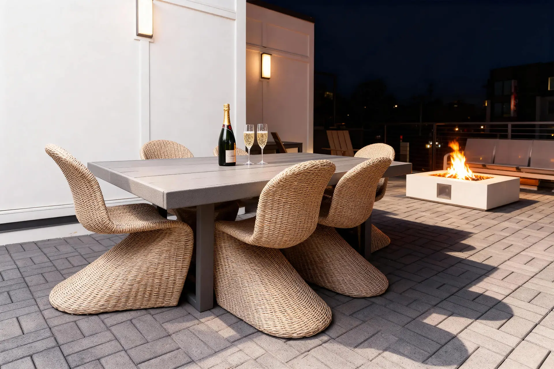 Outdoor dining set with champagne and glasses beside a fire pit at night.