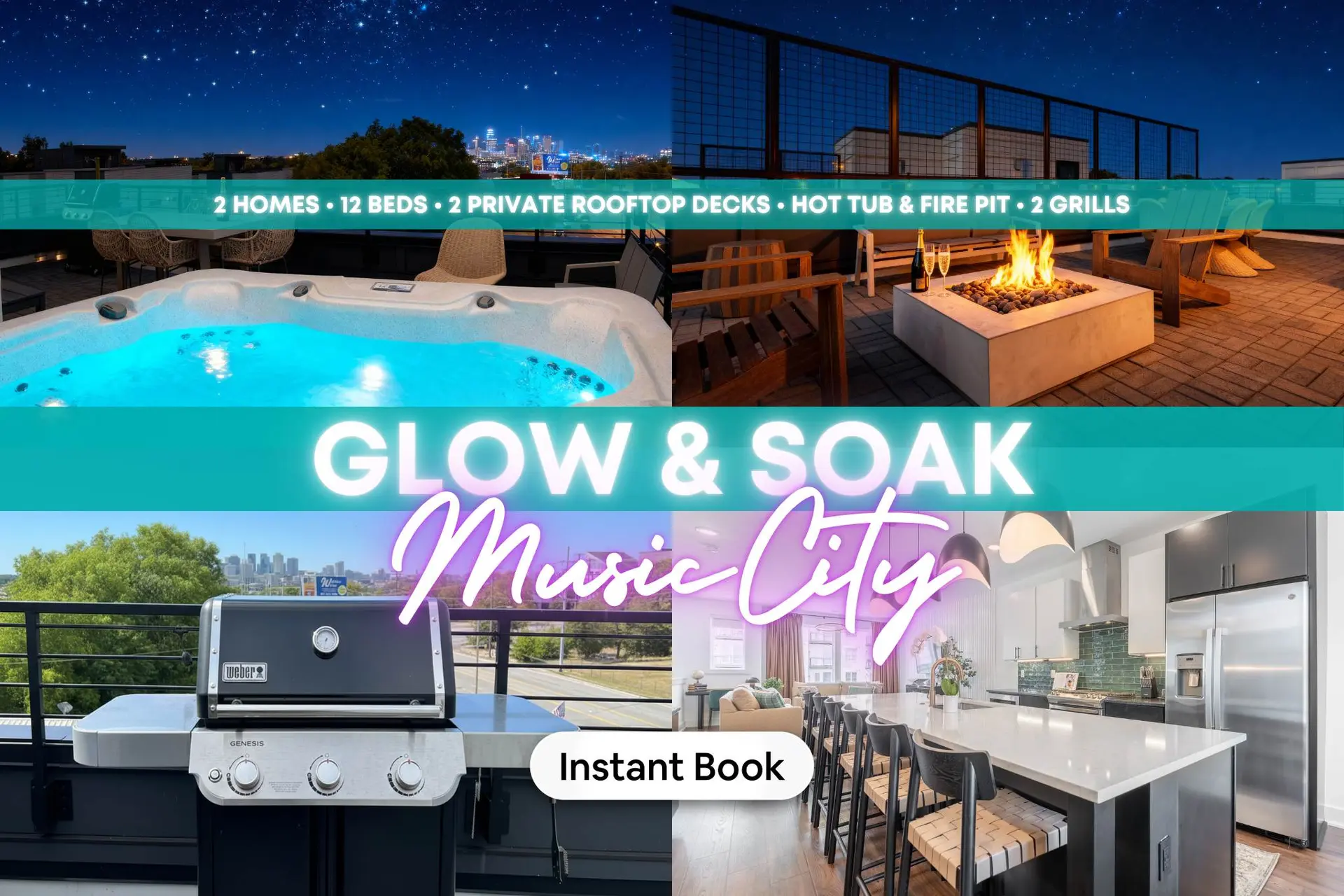 A luxurious rooftop hot tub, fire pit, and grill with a cityscape view.