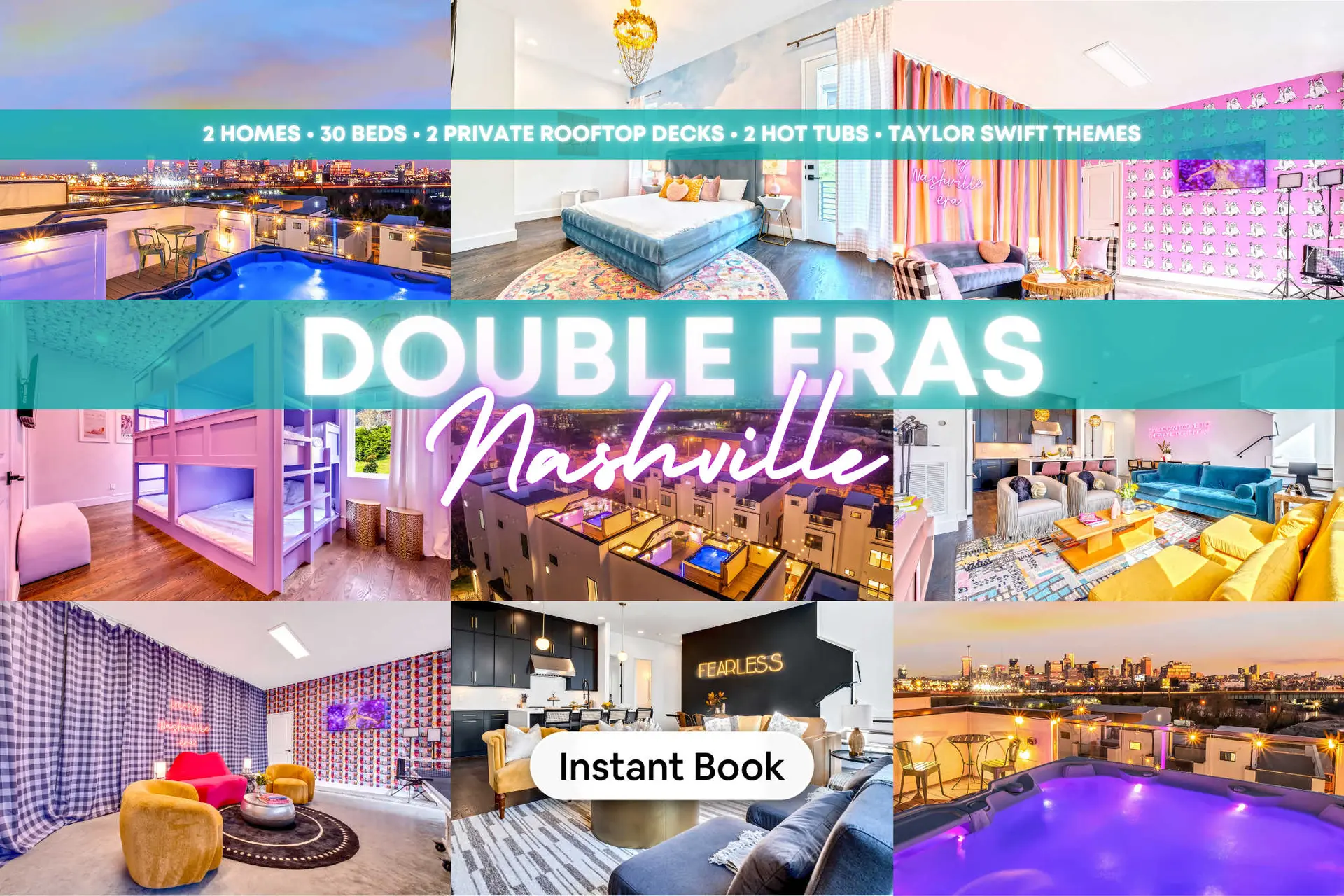 Collage of Nashville rentals: rooftops, bedrooms, kitchens, and living rooms.