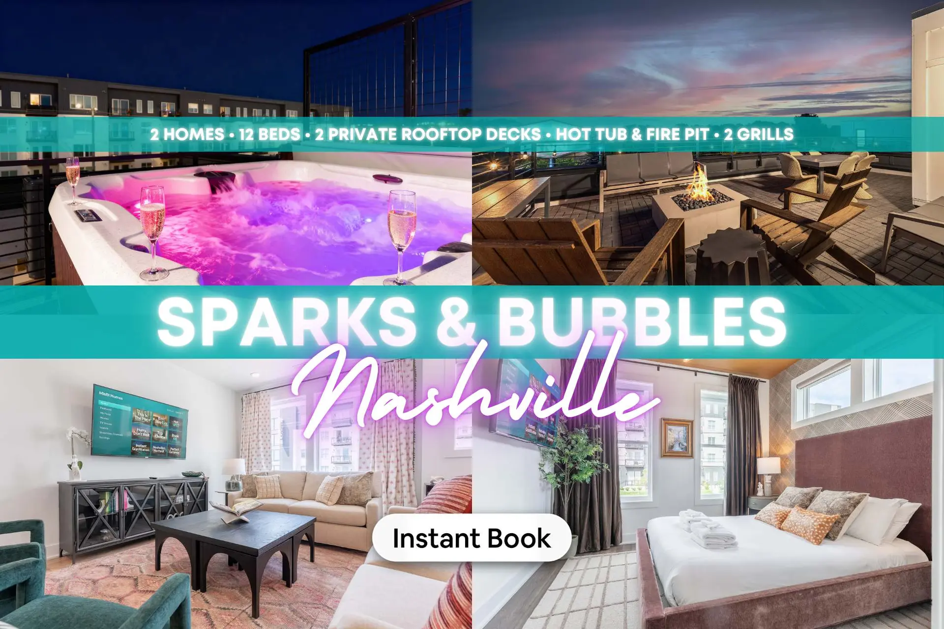 Luxury Nashville rental with hot tub, fire pit, and stylish bedrooms.