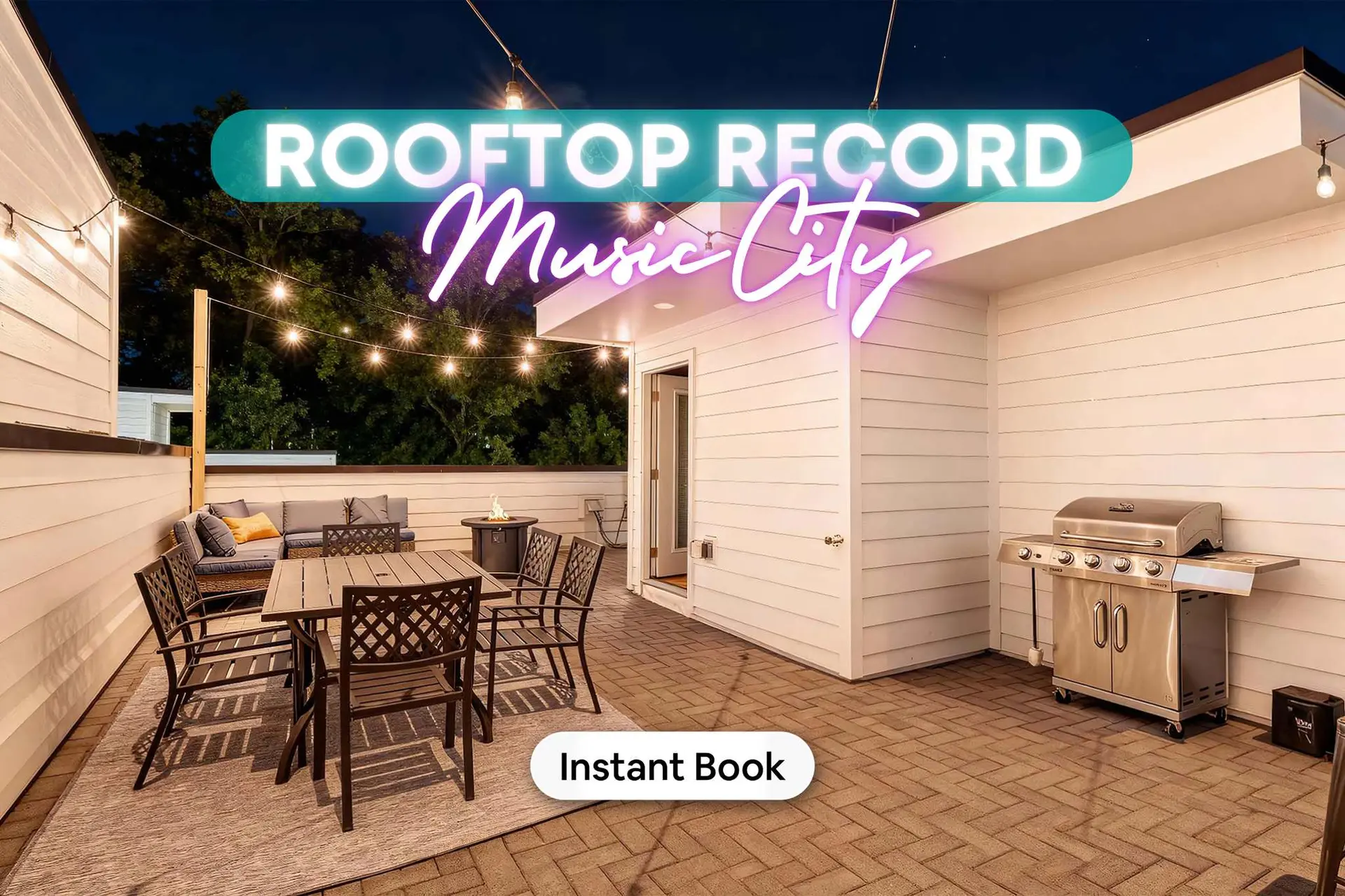 A rooftop patio at night with a dining set, grill, and "Rooftop Record Music City" neon sign.