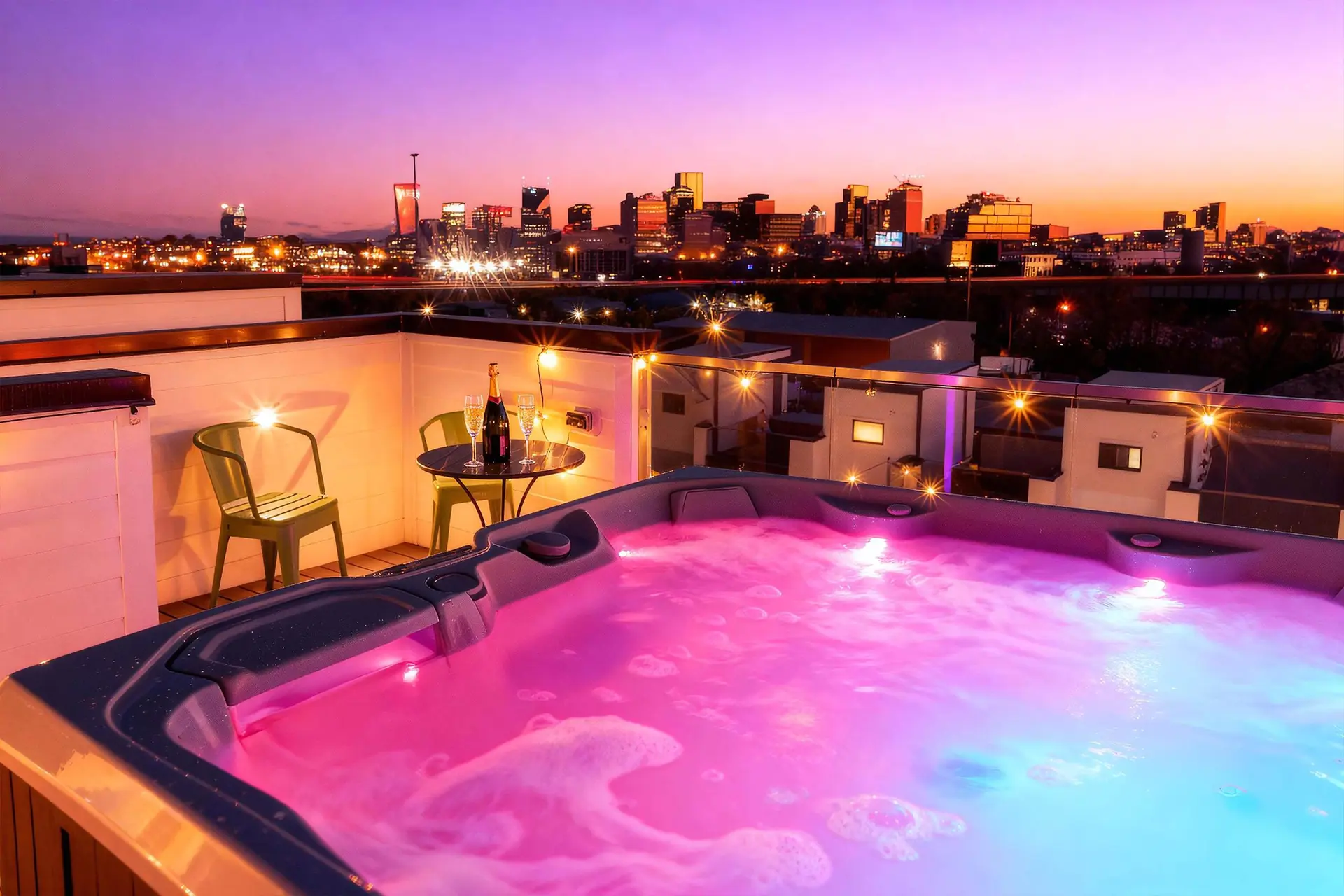 A rooftop hot tub at sunset with a city skyline.