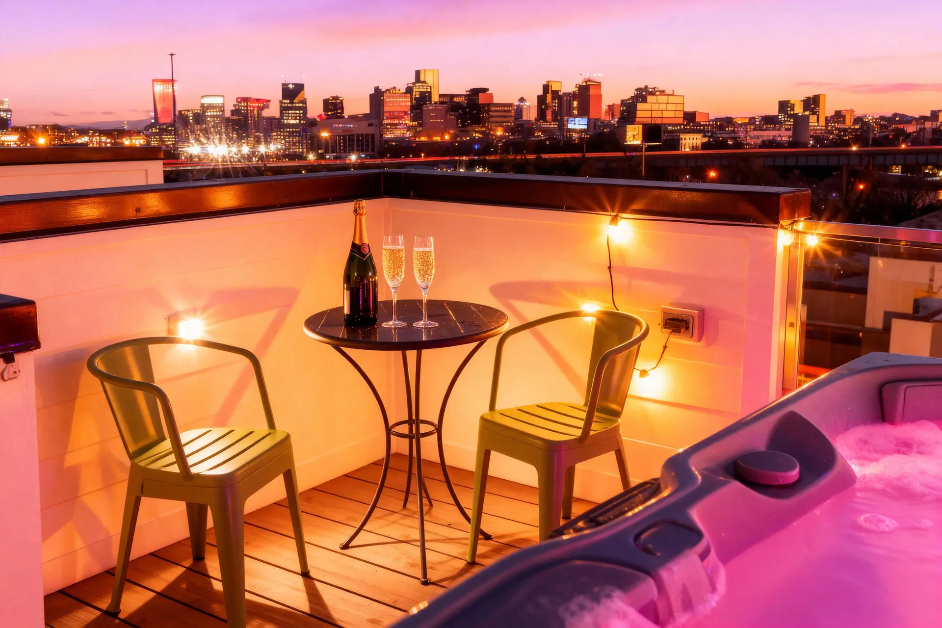 Rooftop patio with city view at sunset, featuring a hot tub, table, and champagne.
