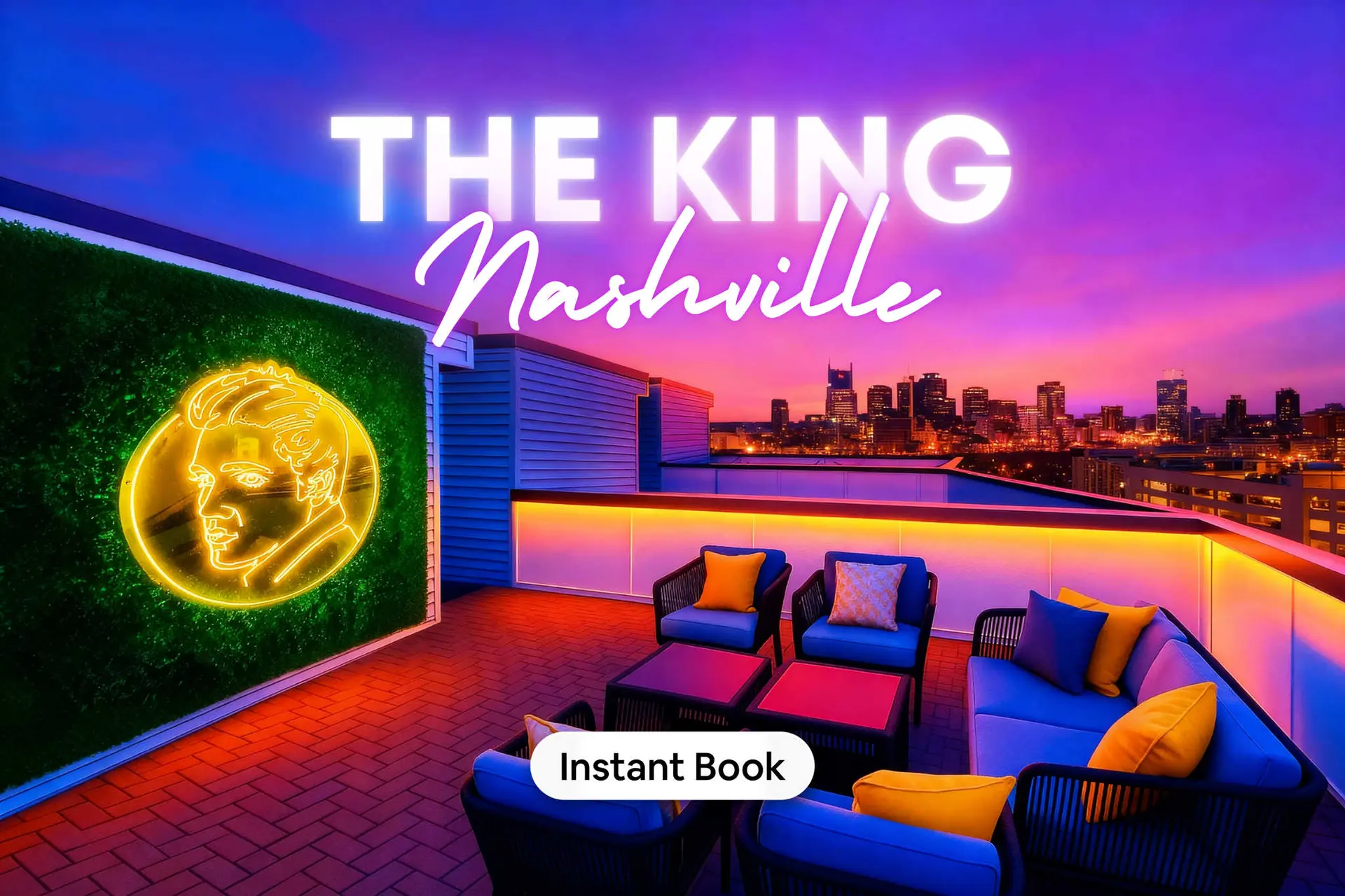 A rooftop patio at sunset with "THE KING Nashville" neon sign and a skyline view.