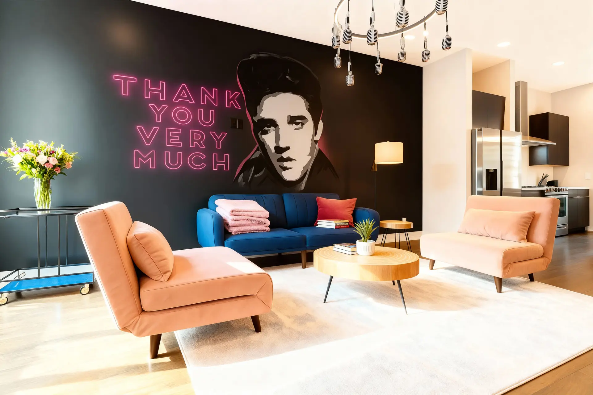 Living room with Elvis mural, pink and blue furniture, and a kitchen in the background.