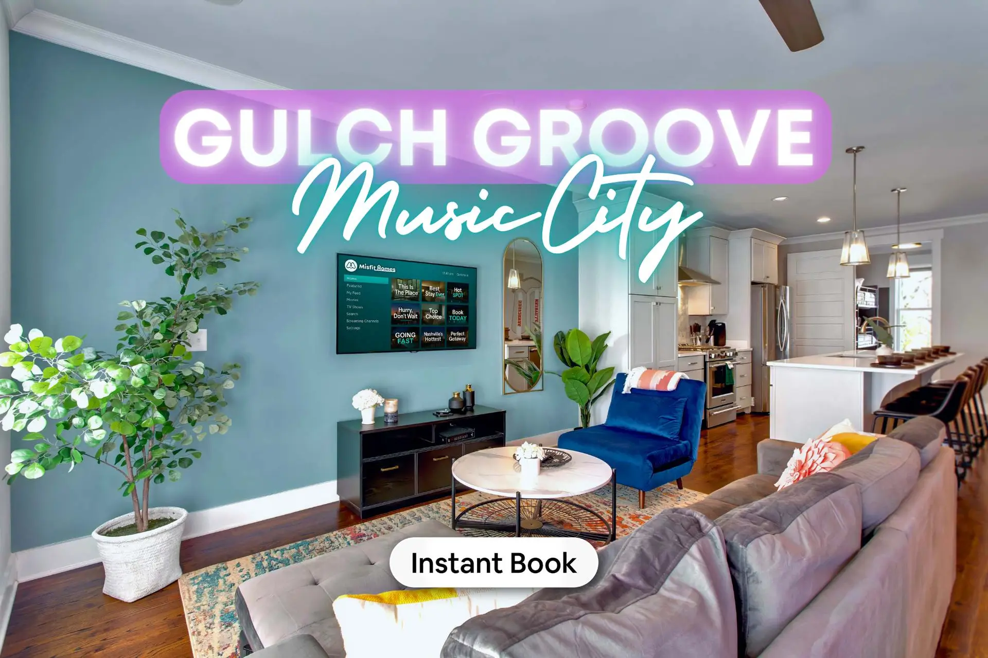 A bright living room with a couch, chair, and TV. The text "GULCH GROOVE Music City" is displayed in