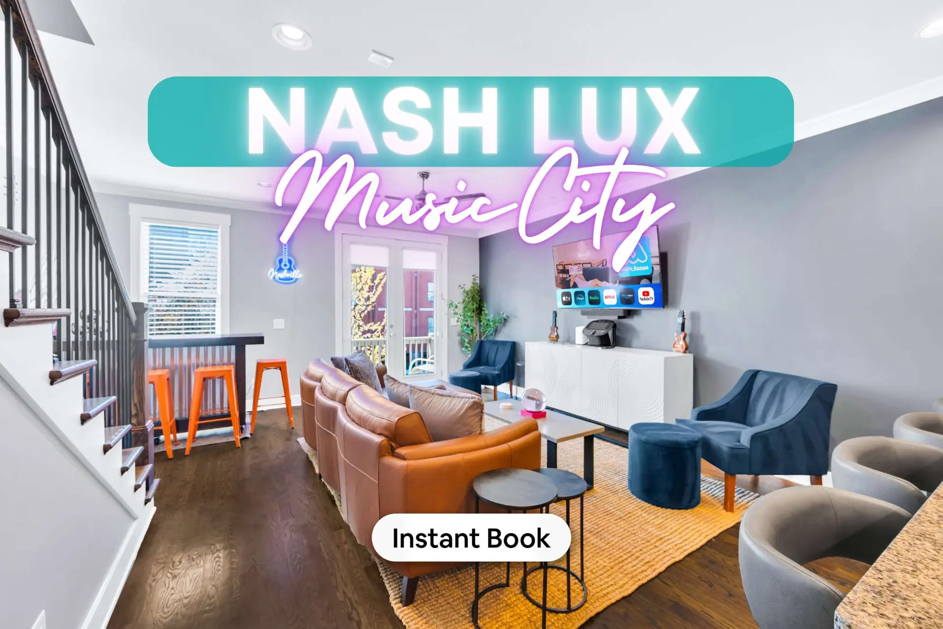 Nashville Luxury Music City rental with living room, bar, and stairs.