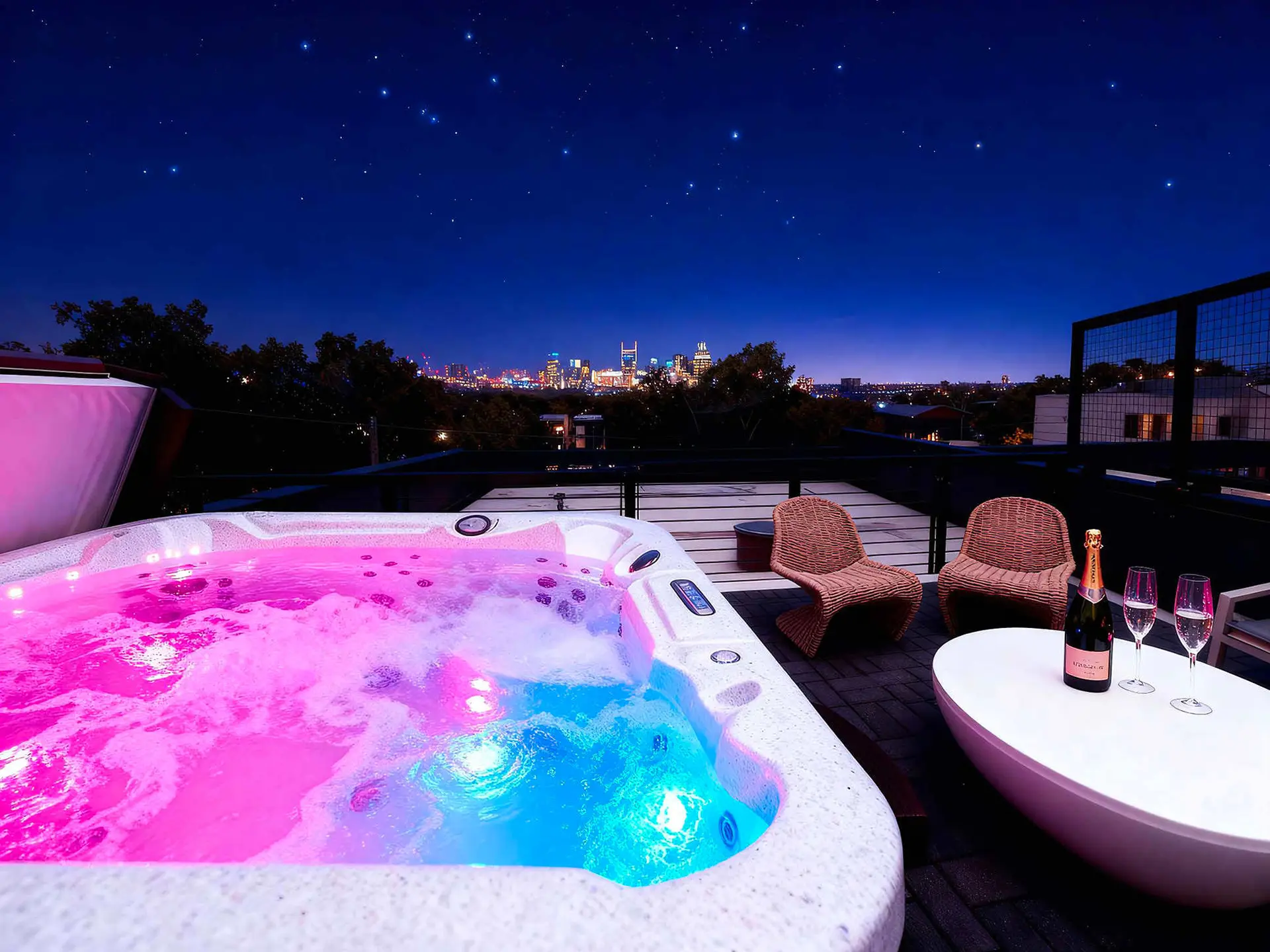 Rooftop hot tub with city view at night.