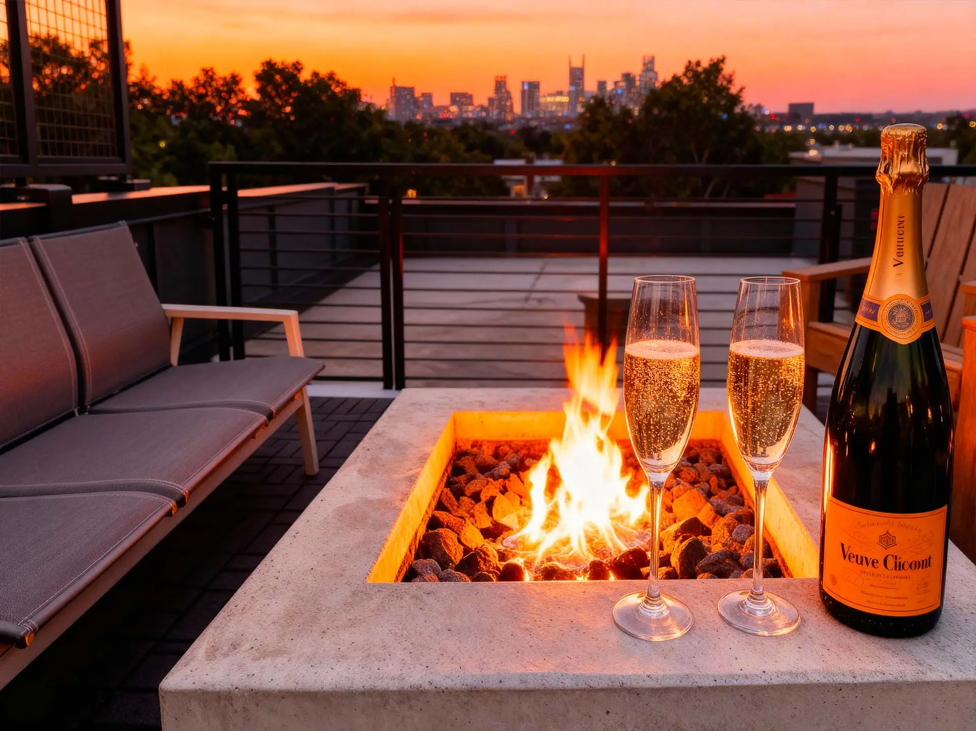 A bottle of Veuve Clicquot champagne and two glasses sit by a fire pit, overlooking a city skyline a